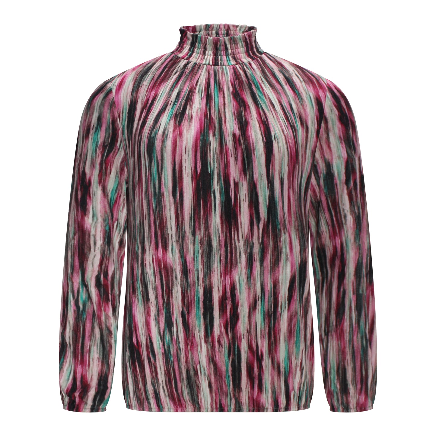 Voorzijde van Sensia Blouson Vianne met opstaande kraag, lange mouwen en elastiekje aan de onderkant in fuchsia streepjesdessin.