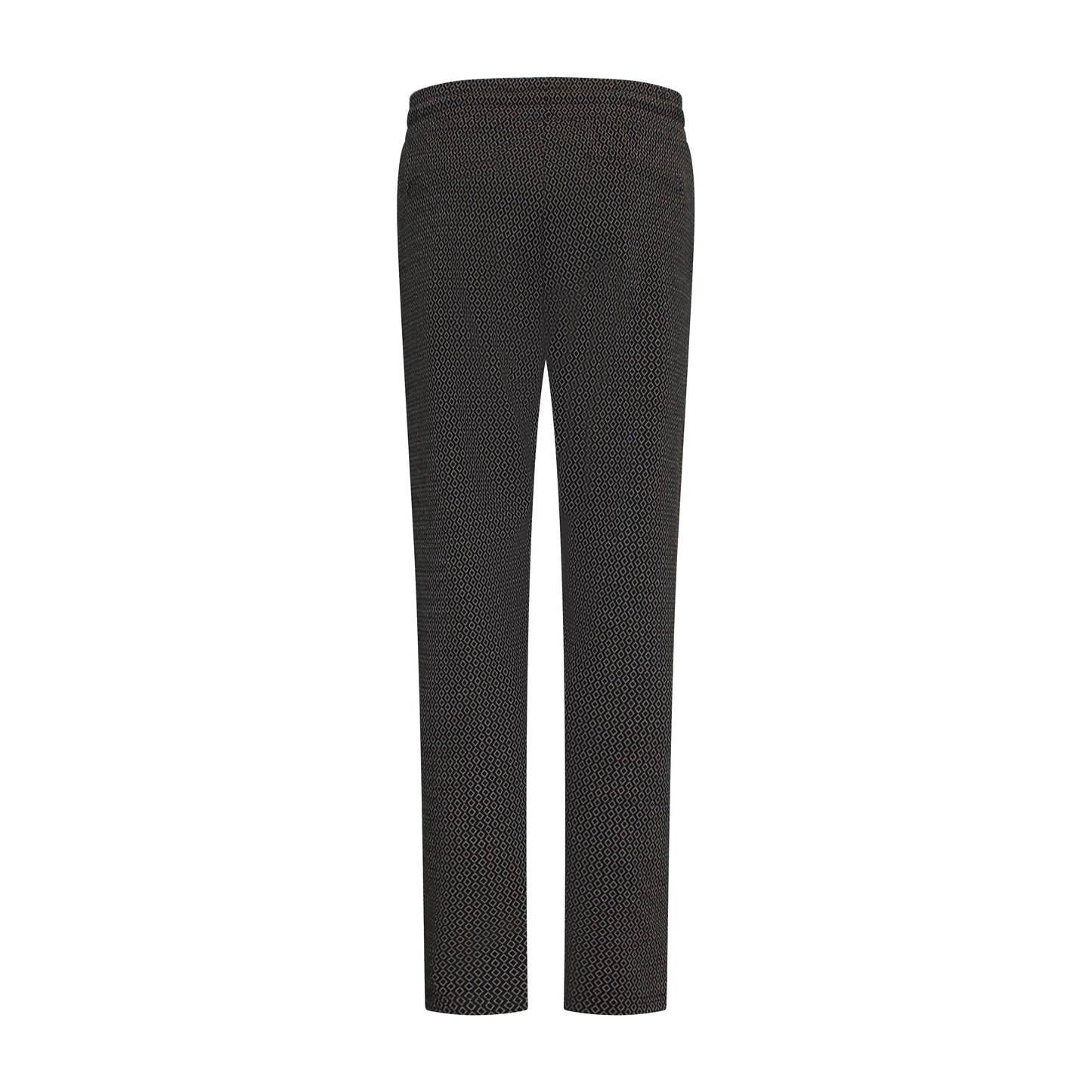 Achterzijde van Sensia Pantalon Elvira met wijde pijpen, zwart-beige all-over print, elastische band en riemlusjes.