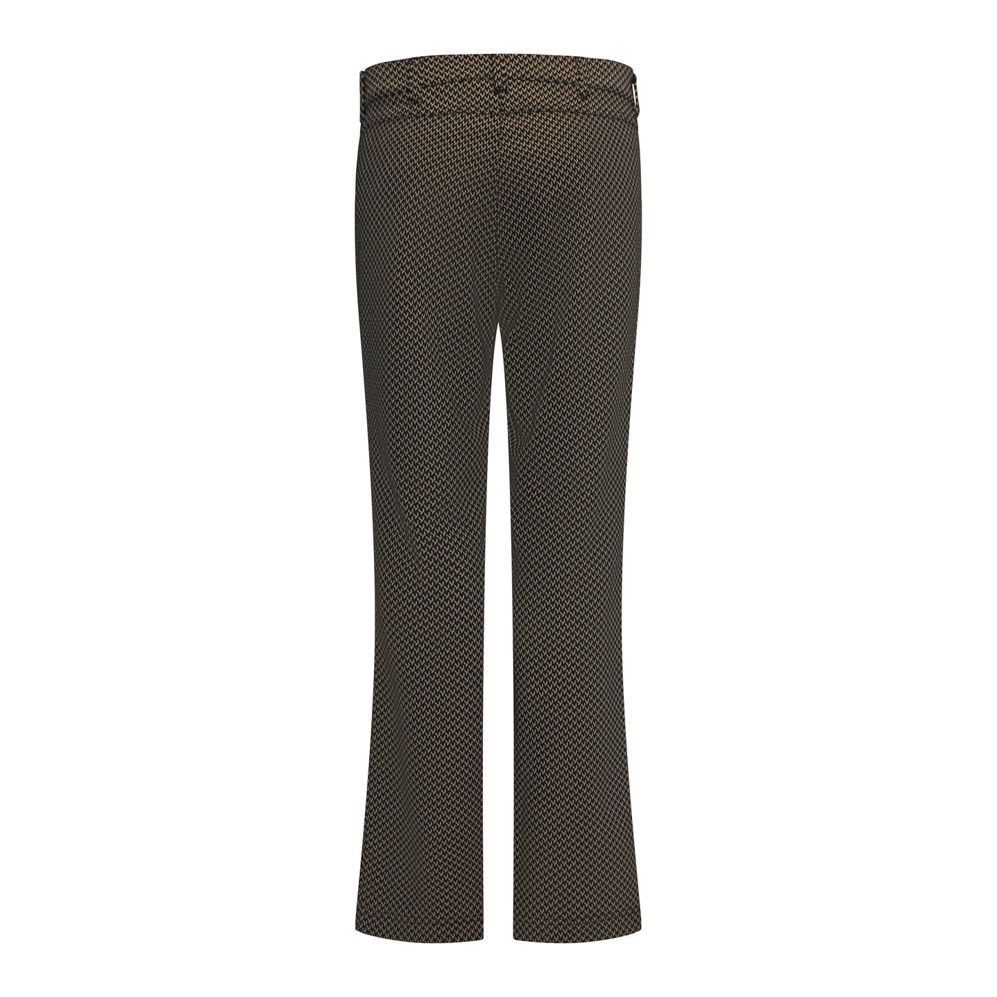 Achterzijde van Sensia Pantalon Elvira met wijde pijpen, zwart-beige all-over print, elastische band en riemlusjes.