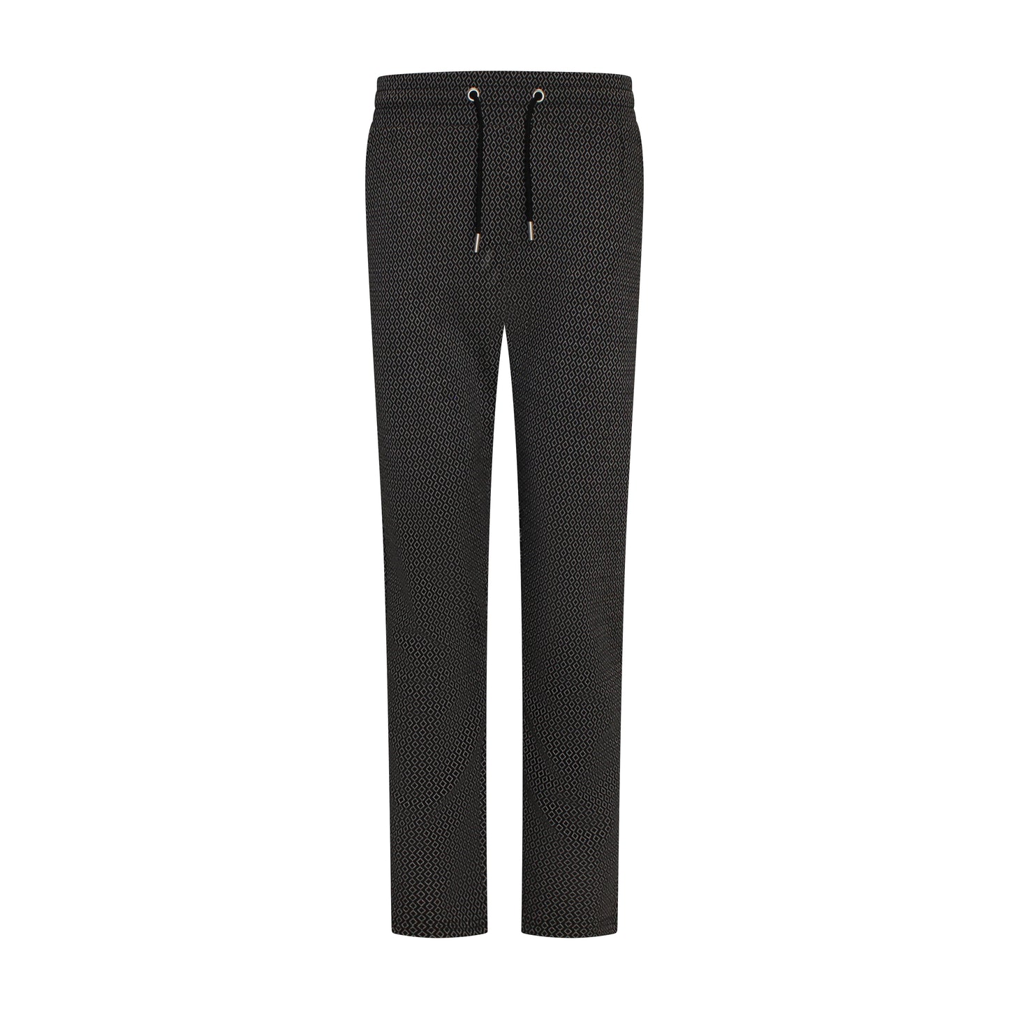 Voorzijde van Sensia Pantalon Elvira met wijde pijpen, zwart-beige all-over print, elastische band en riemlusjes.