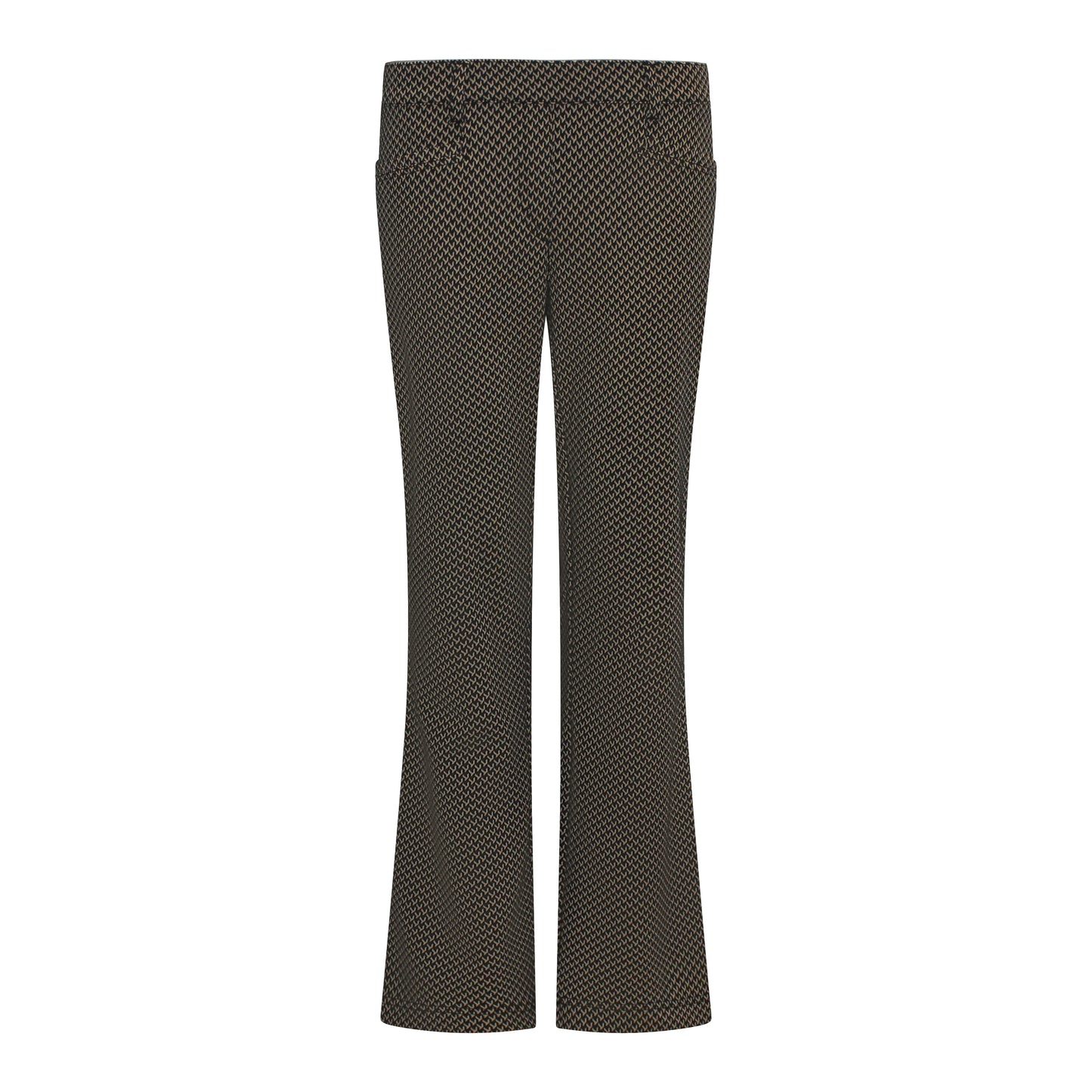 Voorzijde van Sensia Pantalon Elvira met wijde pijpen, zwart-beige all-over print, elastische band en riemlusjes.