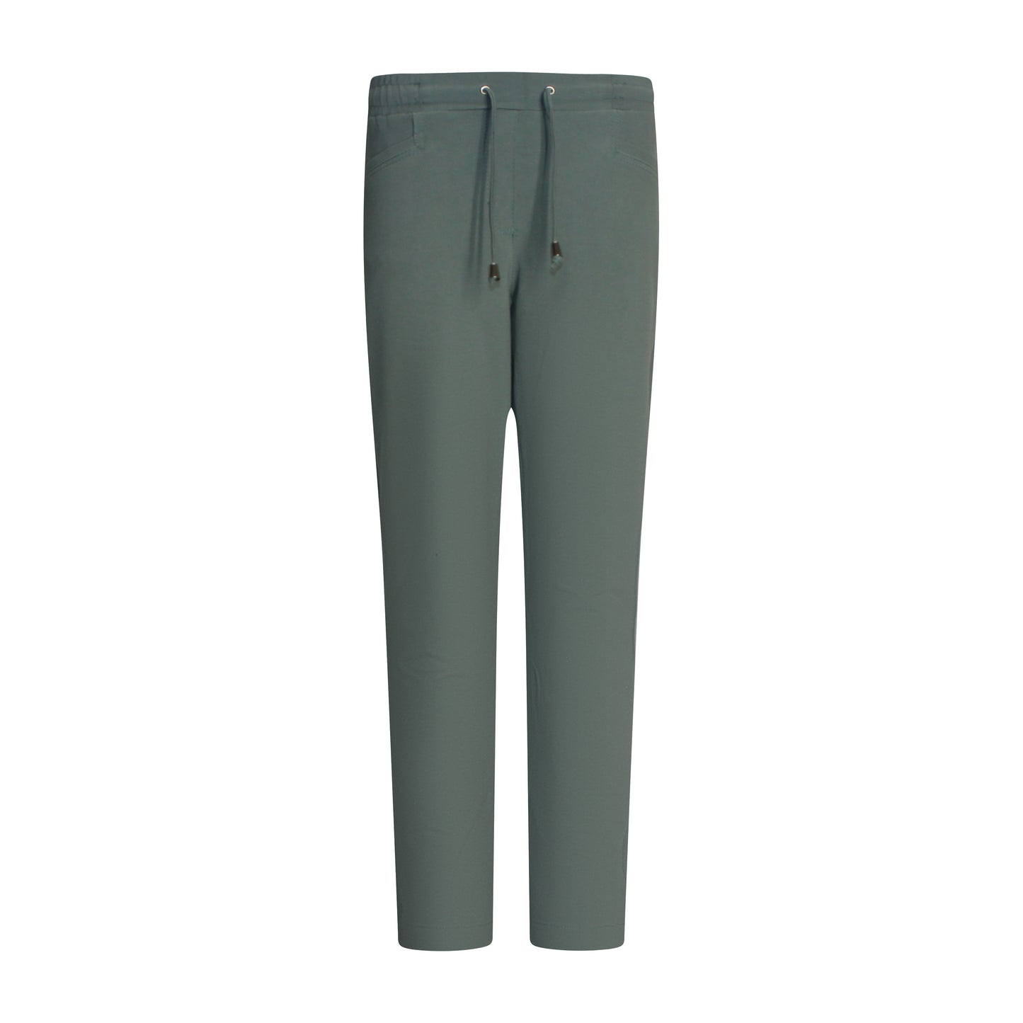 Voorzijde van Sensia Pantalon Peggy in groen, korte lengte, winterkwaliteit, met elastische band en zakken.