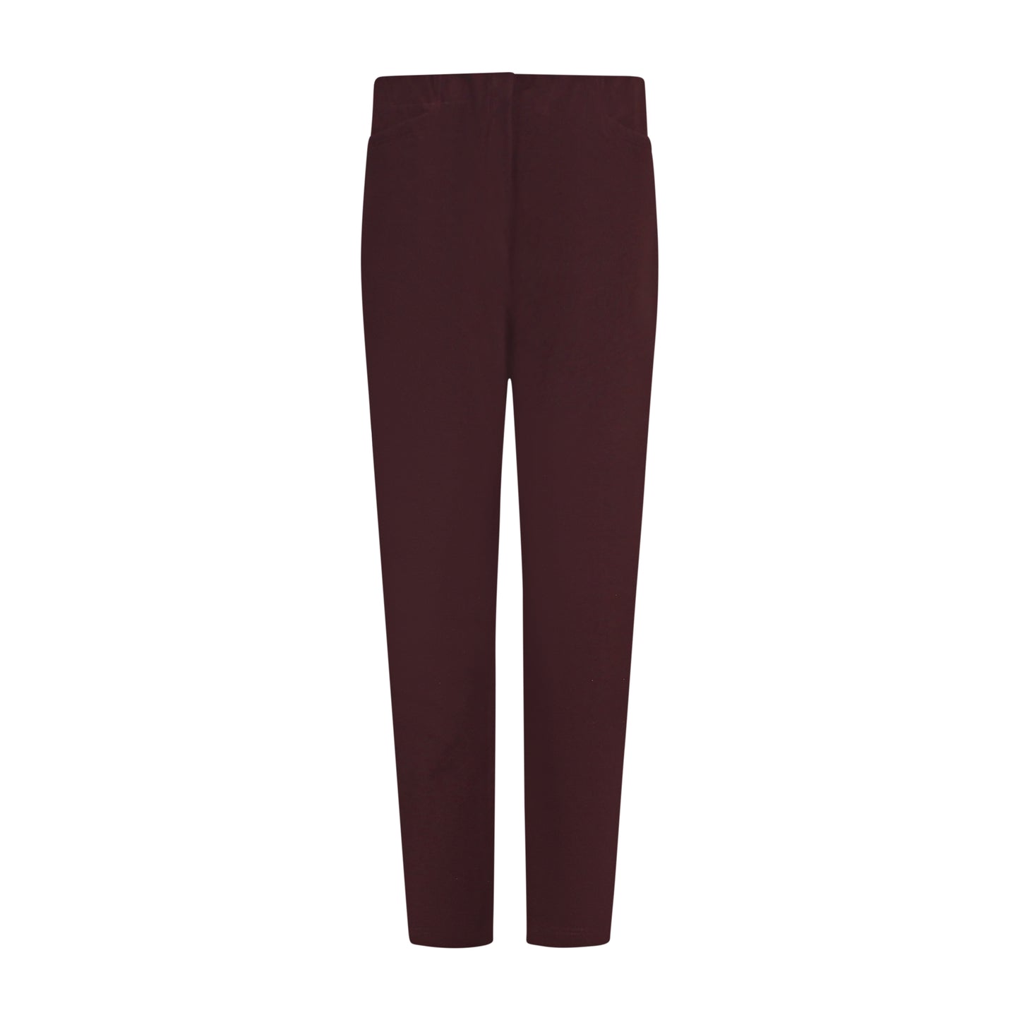 Voorzijde van Sensia Pantalon Penny in bordeaux rood, korte lengte, elastische band en zakken aan de voorzijde.