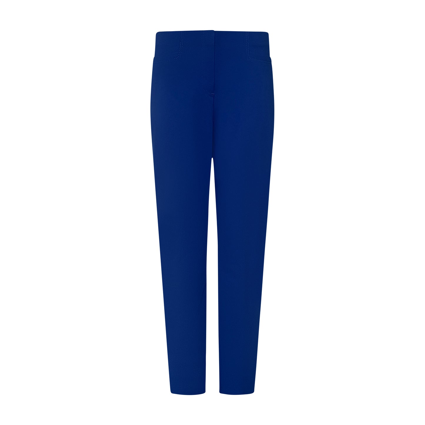 Voorzijde van Sensia Pantalon Penny in kobaltblauw, korte lengte, elastische band en zakken aan de voorzijde.