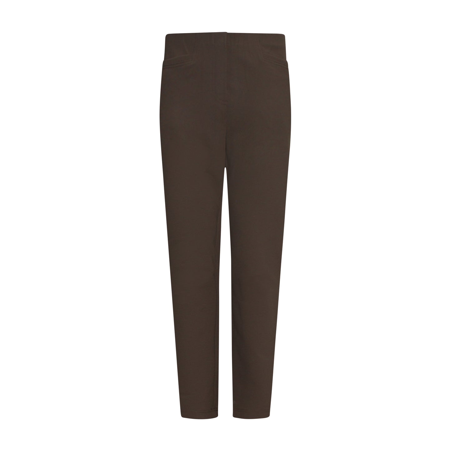 Voorzijde van Sensia Pantalon Penny in taupe, korte lengte, elastische band en zakken aan de voorzijde.