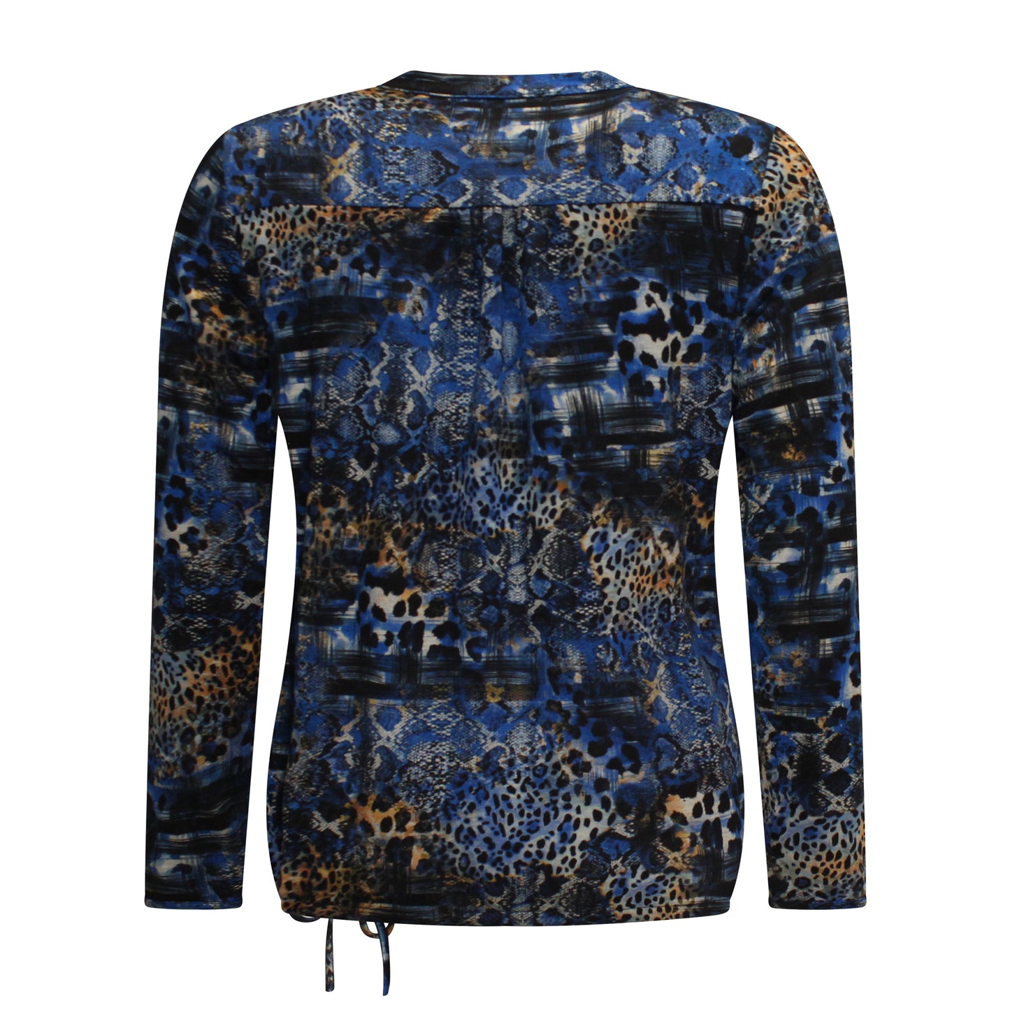 Achterzijde van Sensia T-shirt Lisanne met ronde hals en koordje onderaan in blauw.