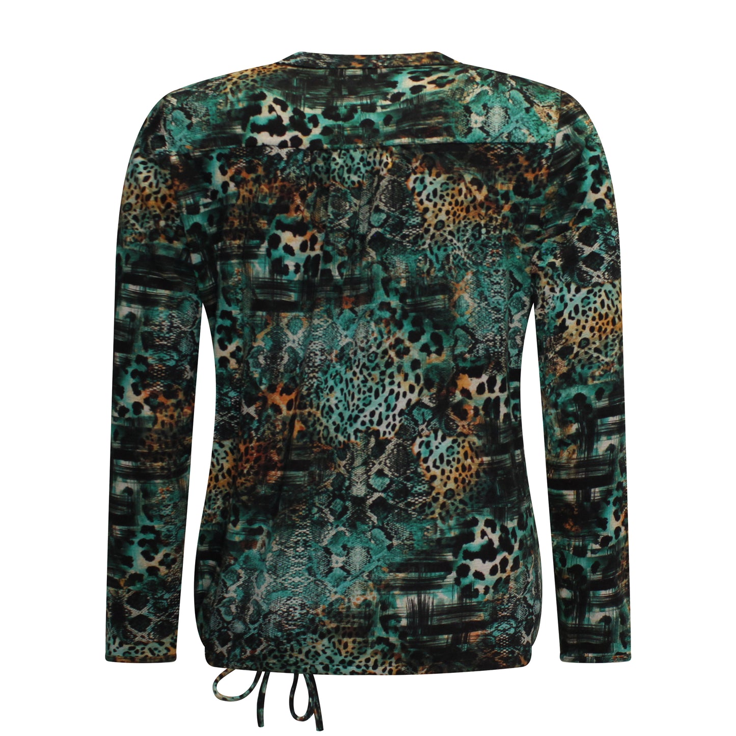 Achterzijde van Sensia T-shirt Lisanne met ronde hals en koordje onderaan in groen.