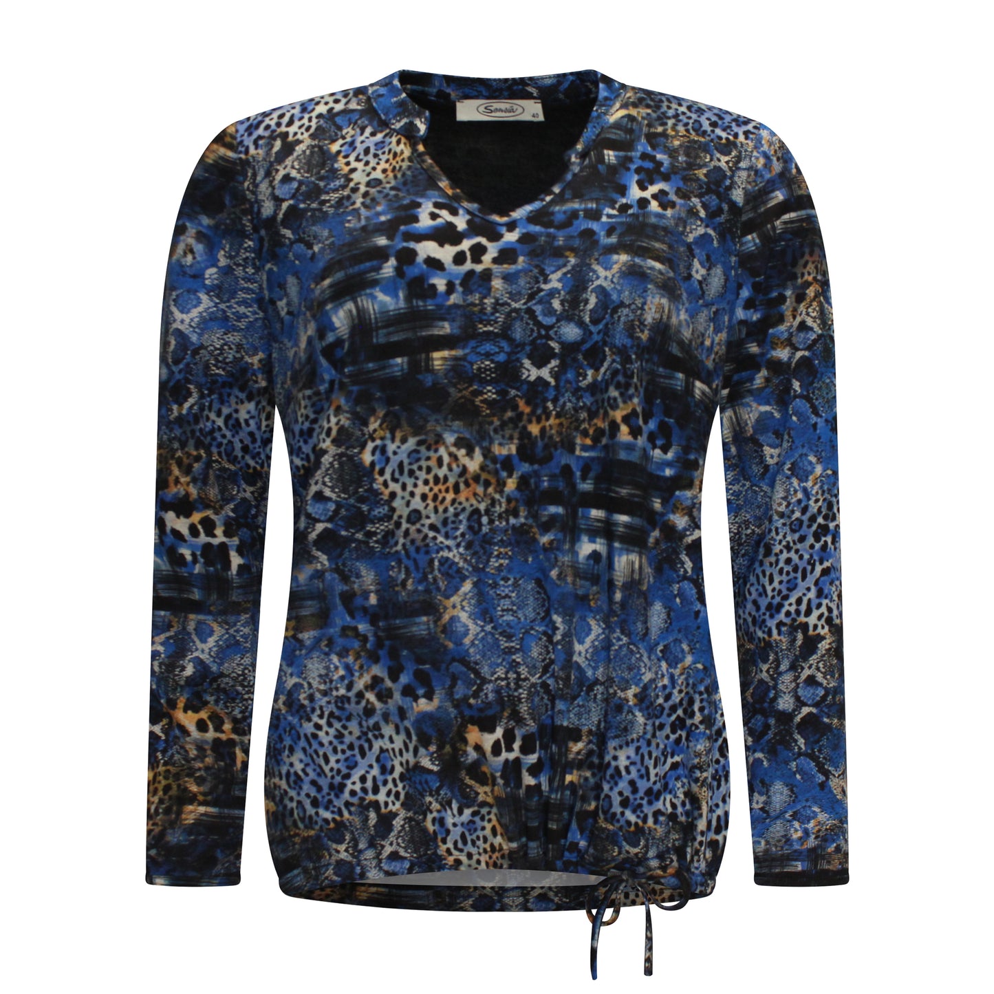 Voorzijde van Sensia T-shirt Lisanne met ronde hals, subtiel V-halsje en koordje onderaan in blauw.