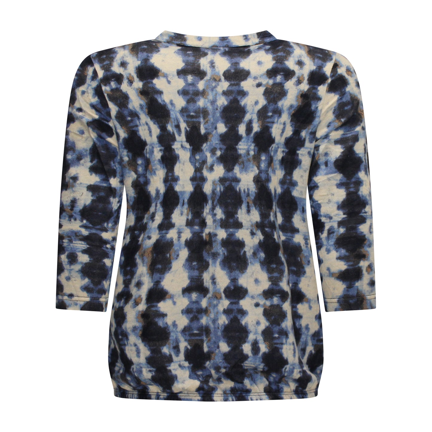 Achterzijde van Signature Blouson Anouk met v-hals, knoopjes, driekwartmouwen en subtiel patroon in het blauw.