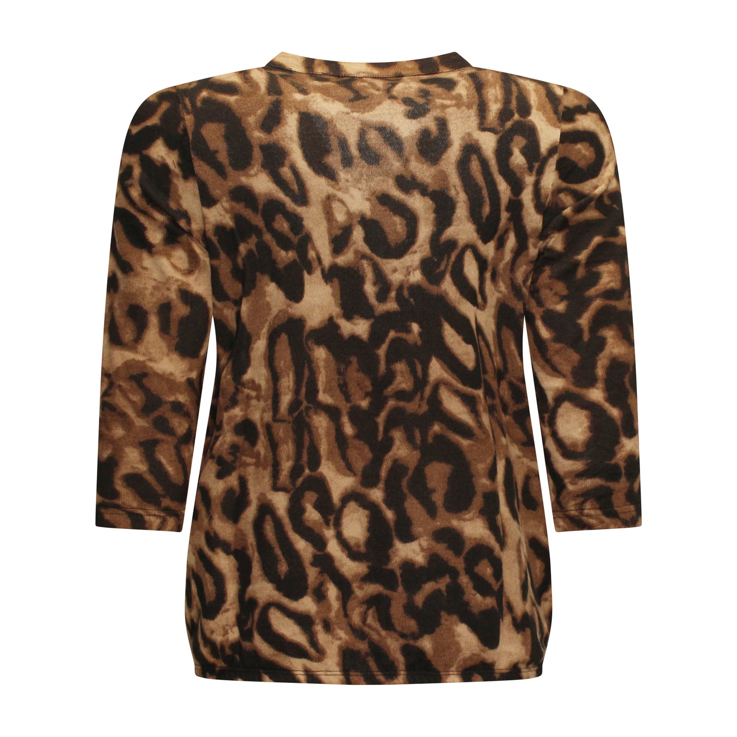 Achterzijde van Signature Blouson Anouk met V-hals, knoopjes, driekwartmouwen en subtiel patroon in bruin.