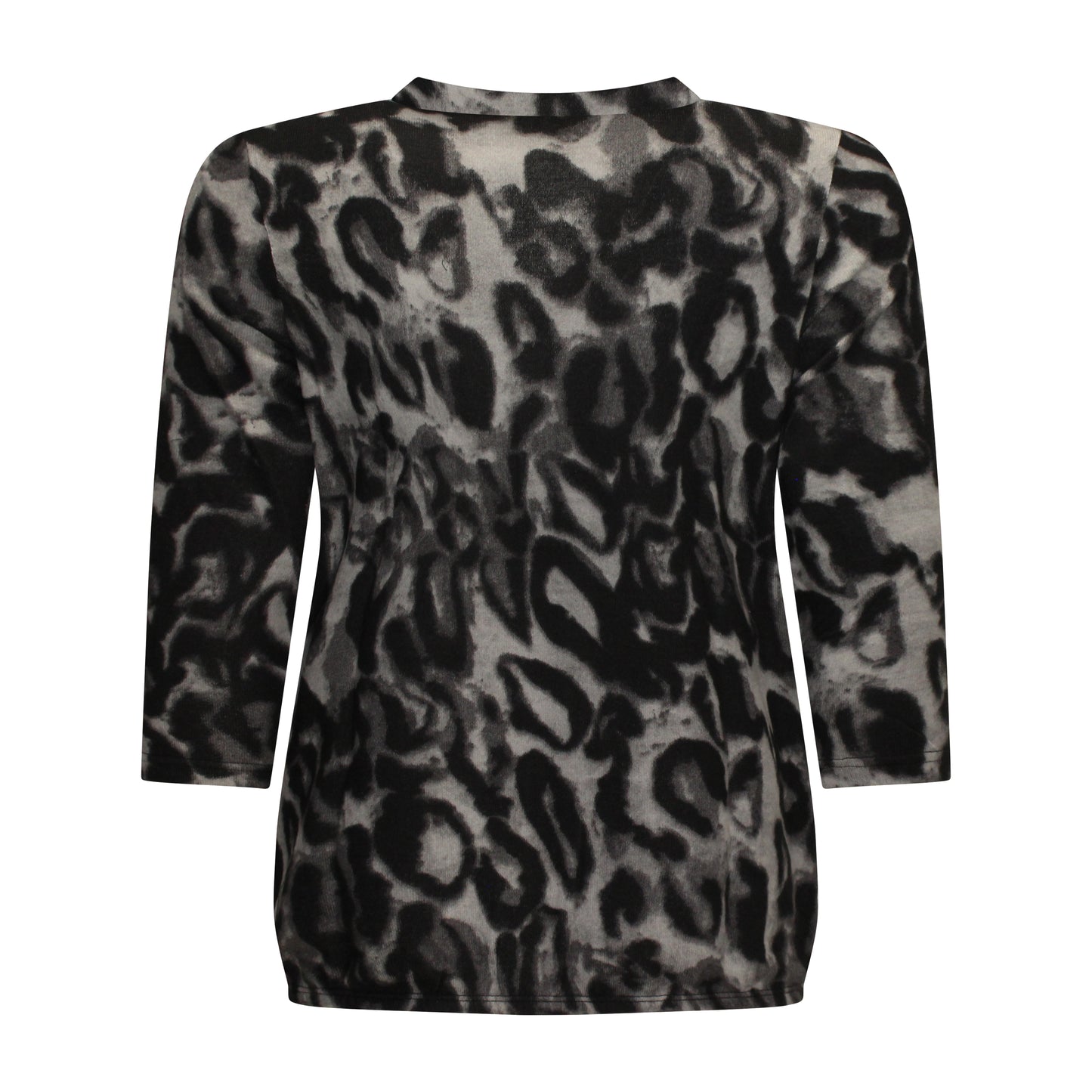Achterzijde van Signature Blouson Anouk met V-hals, knoopjes, driekwartmouwen en subtiel patroon in zwart.