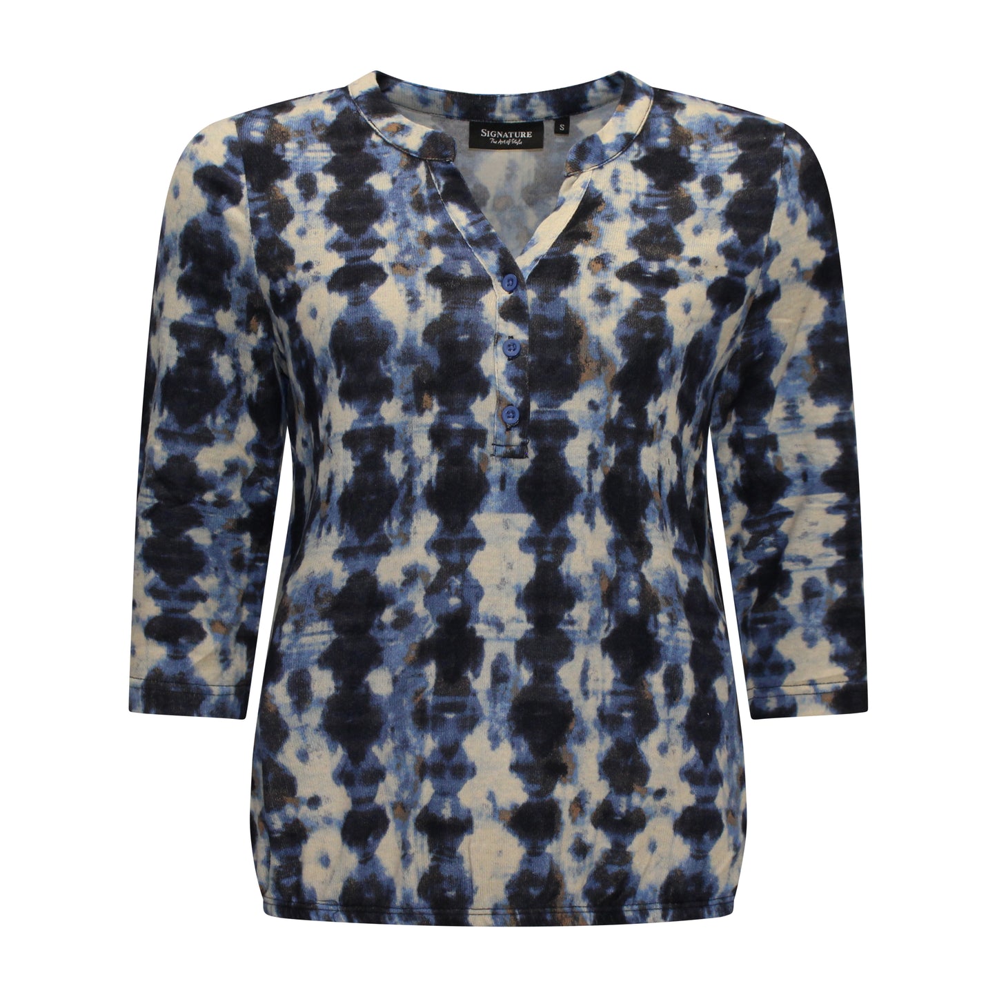 Voorzijde van Signature Blouson Anouk met v-hals, knoopjes, driekwartmouwen en subtiel patroon in het blauw.