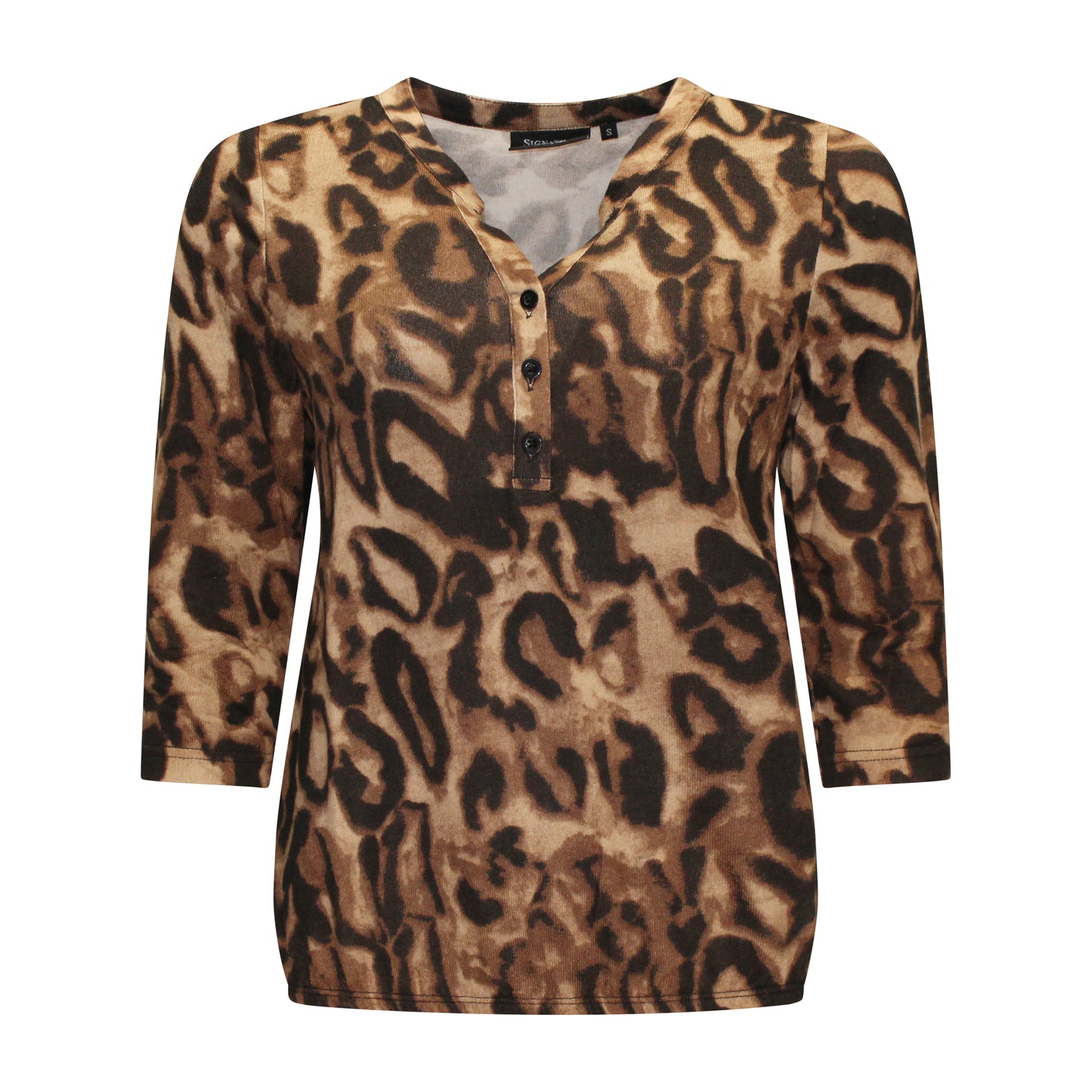 Voorzijde van Signature Blouson Anouk met V-hals, knoopjes, driekwartmouwen en subtiel patroon in bruin.