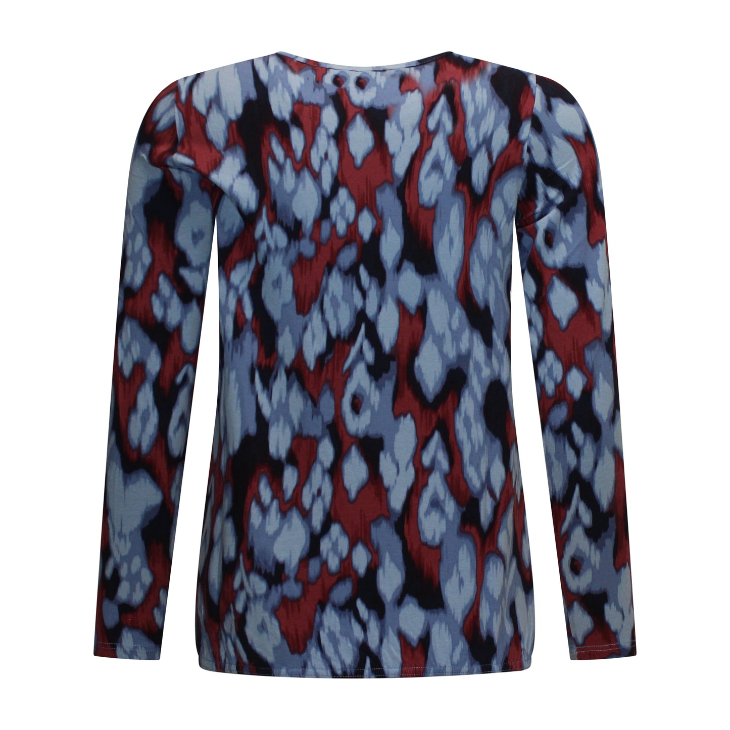 Achterzijde van Signature Blouson Elora met ronde hals, opengewerkt randje en lange mouwen in blauw met bordeauxrode print.