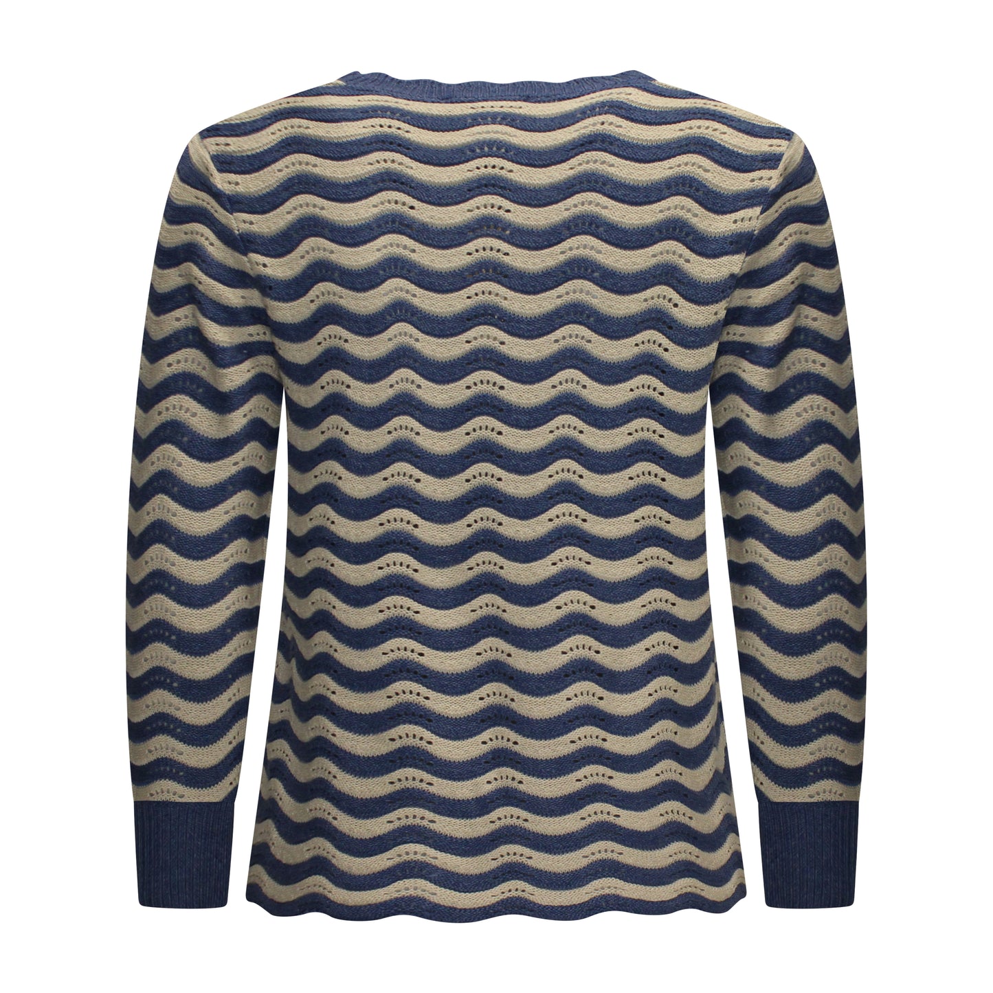 Achterzijde van Signature Pullover Mariska met ronde hals, lange mouwen, boordje en gegolfd streepmotief in blauw.
