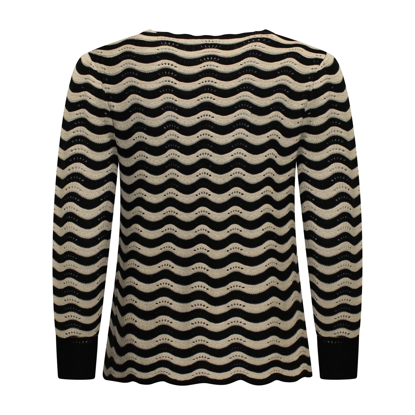 Achterzijde van Signature Pullover Mariska met ronde hals, lange mouwen, boordje en gegolfd streepmotief in zwart.