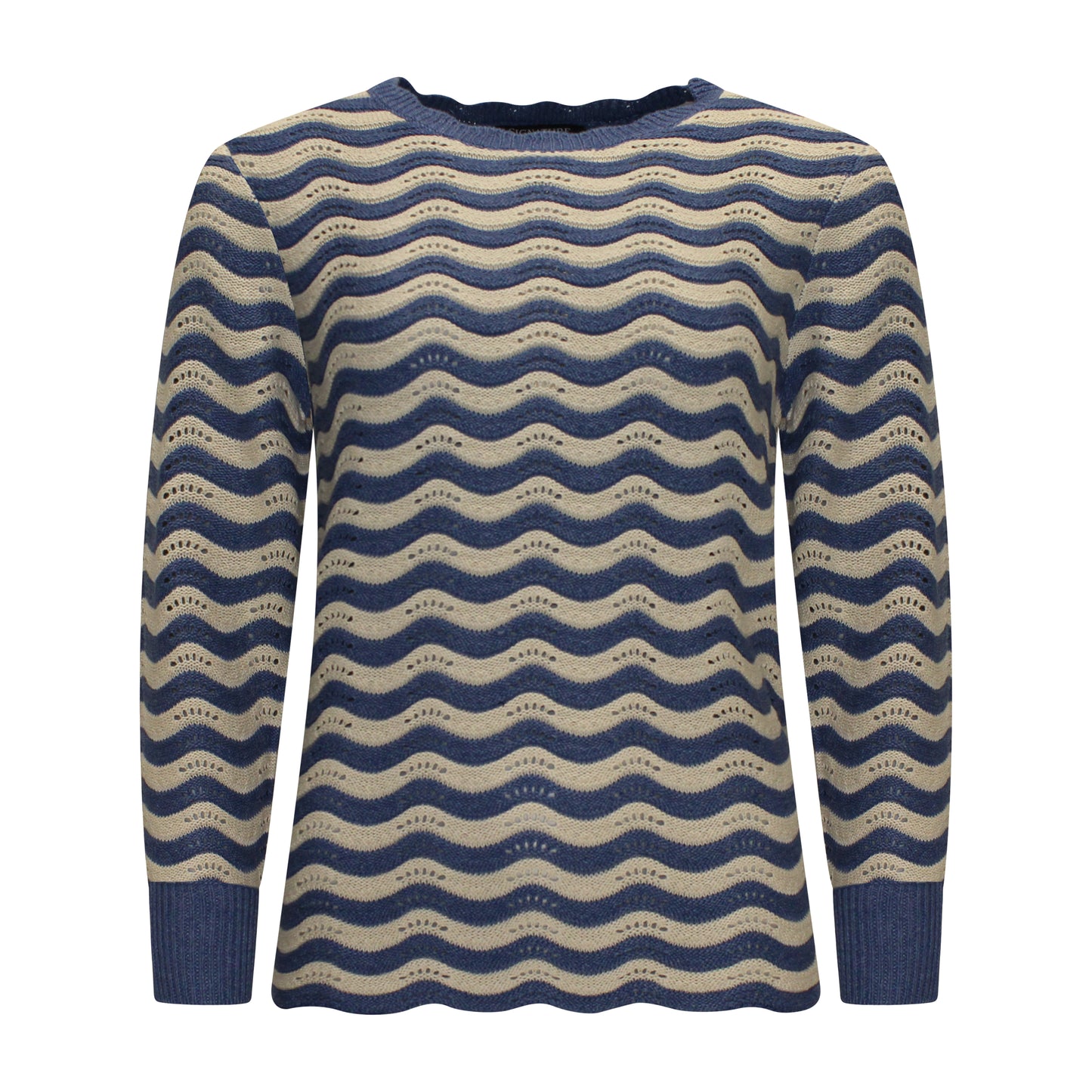 Voorzijde van Signature Pullover Mariska met ronde hals, lange mouwen, boordje en gegolfd streepmotief in blauw.