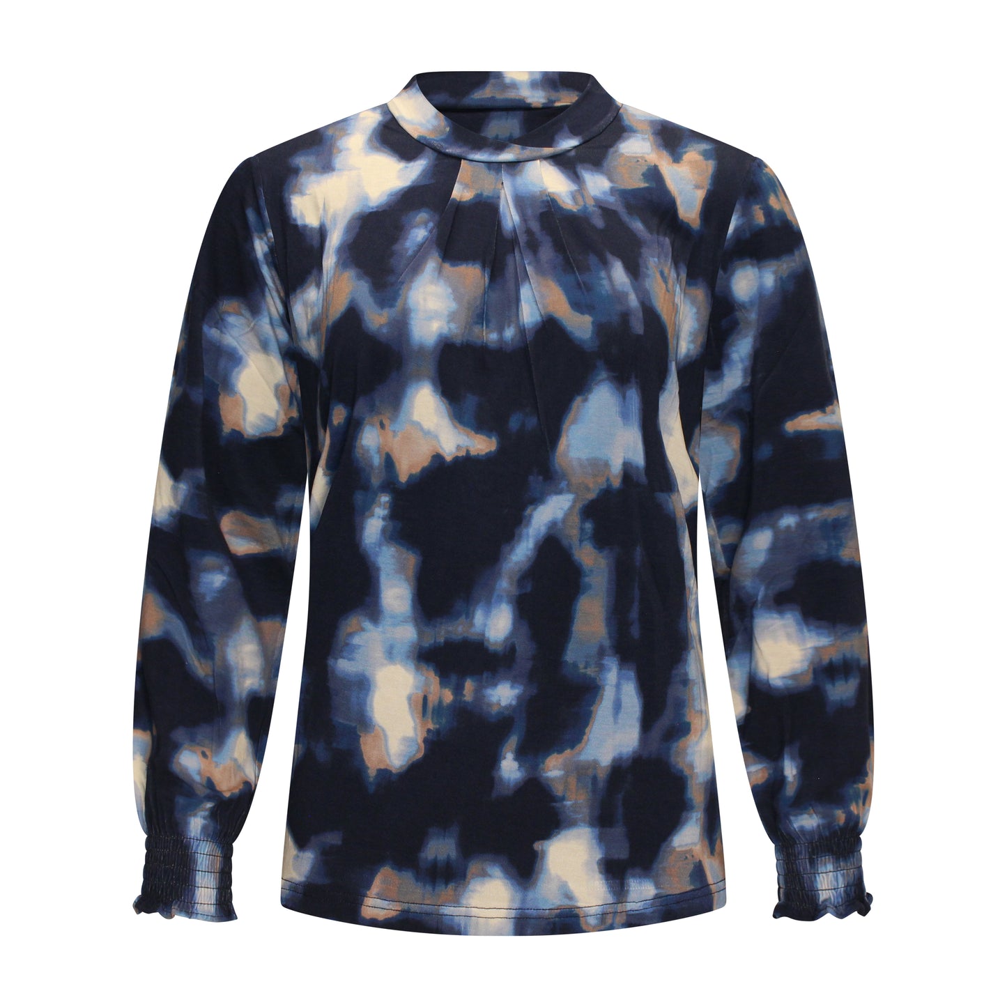 Voorzijde van Signature T-shirt Celeste in blauw met ronde hals, lange mouwen met elastiek en patroon.