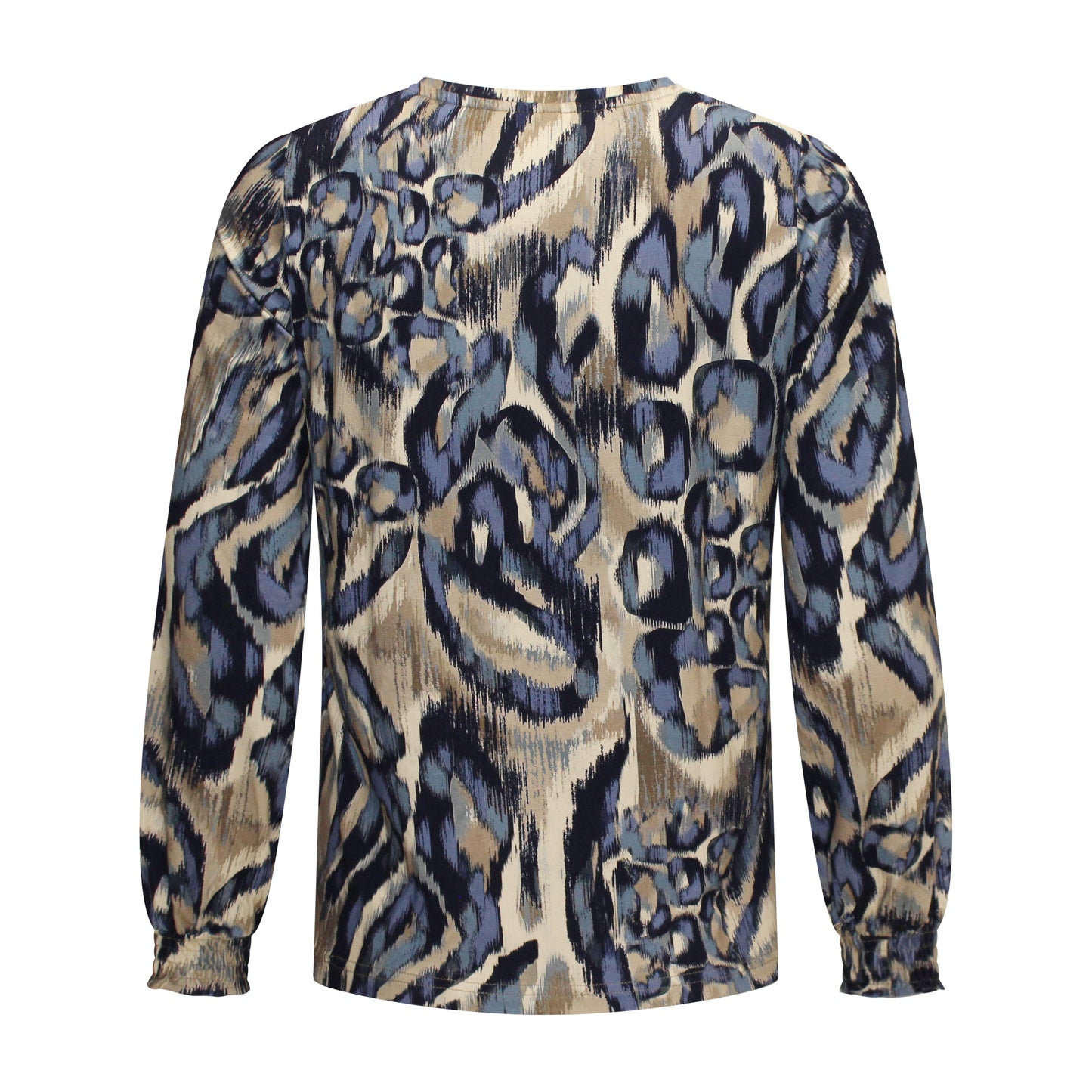 Achterzijde van Signature T-shirt Saskia met ronde hals, lange mouwen, recht model en elastische manchetten in het blauw.