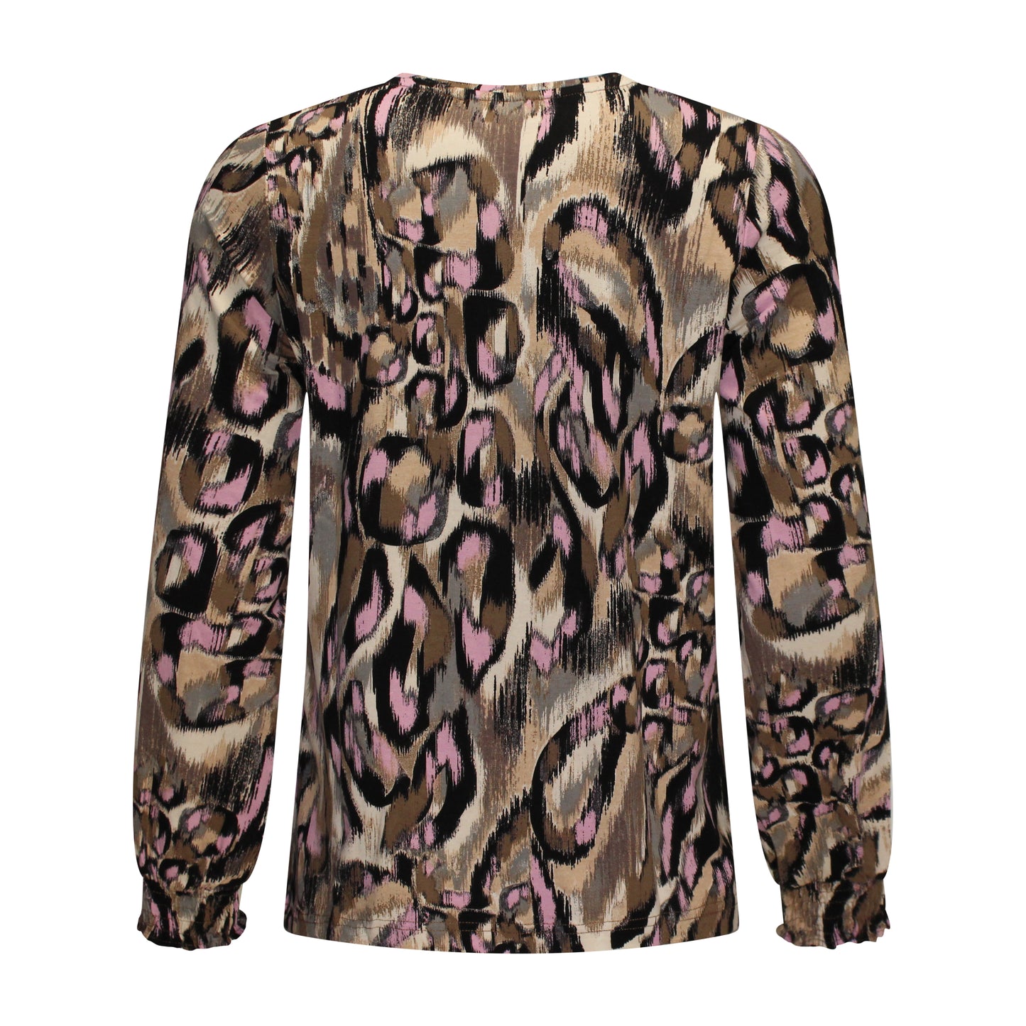 Achterzijde van Signature T-shirt Saskia met ronde hals, lange mouwen, recht model en elastische manchetten in het roze.