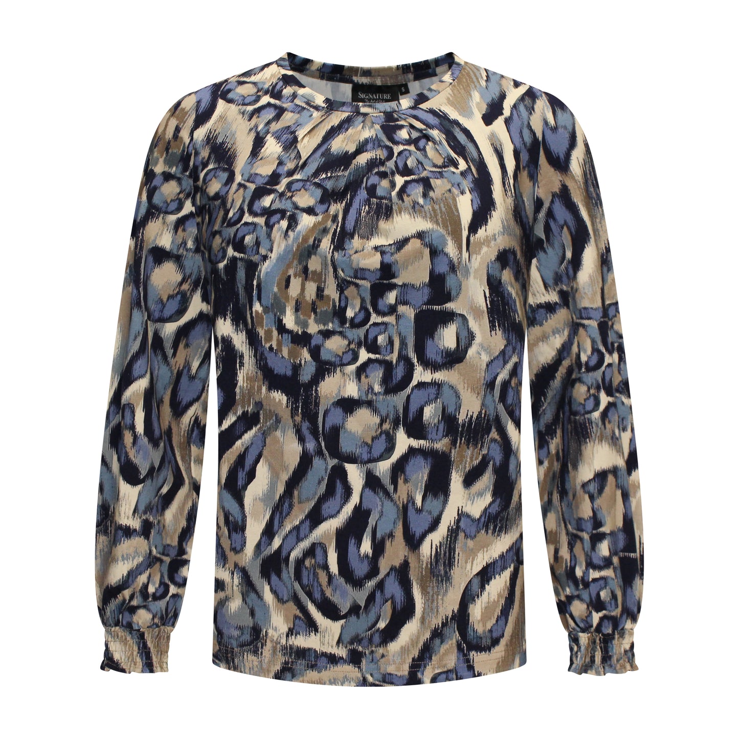 Voorzijde van Signature T-shirt Saskia met ronde hals, lange mouwen, recht model en elastische manchetten in het blauw.