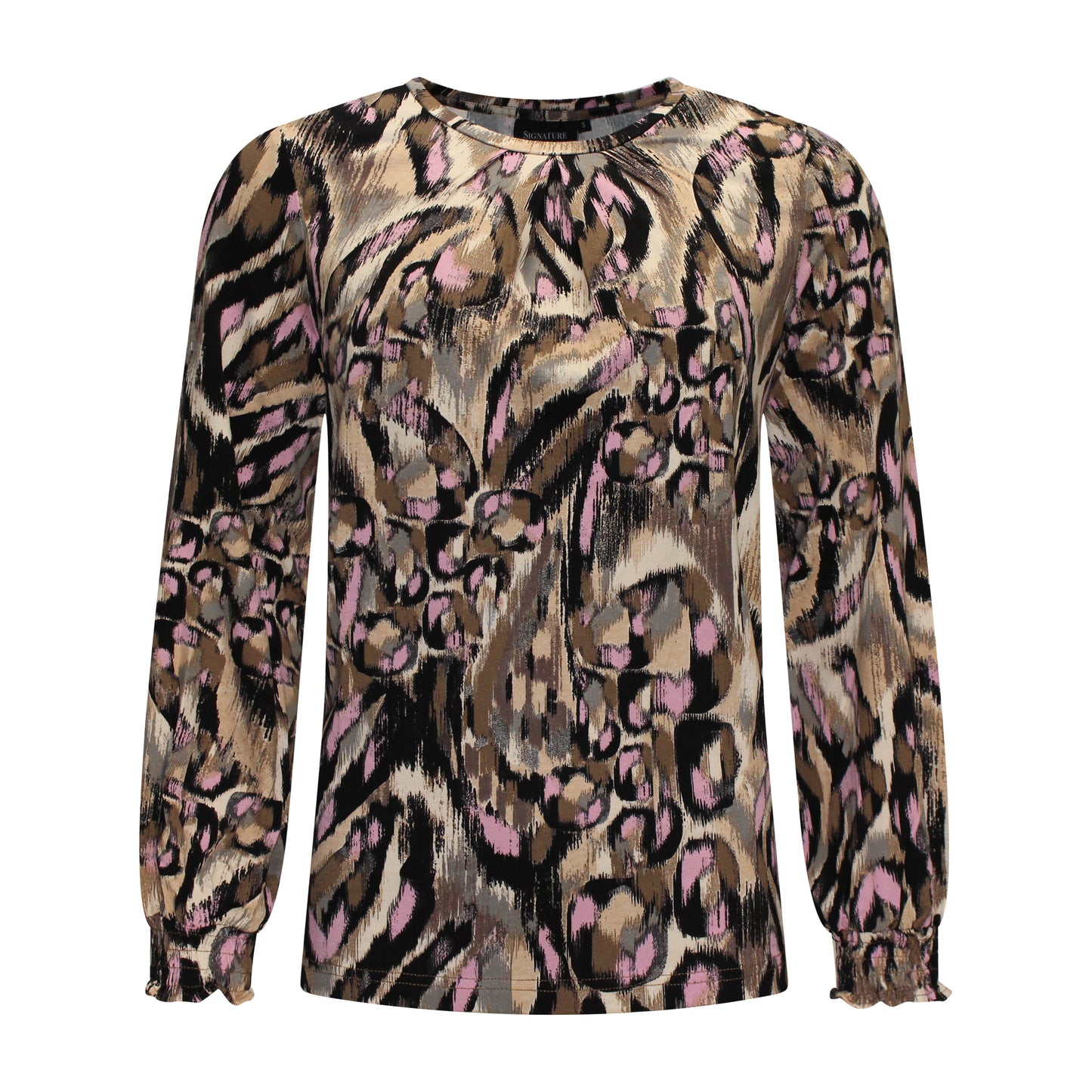 Voorzijde van Signature T-shirt Saskia met ronde hals, lange mouwen, recht model en elastische manchetten in het roze.