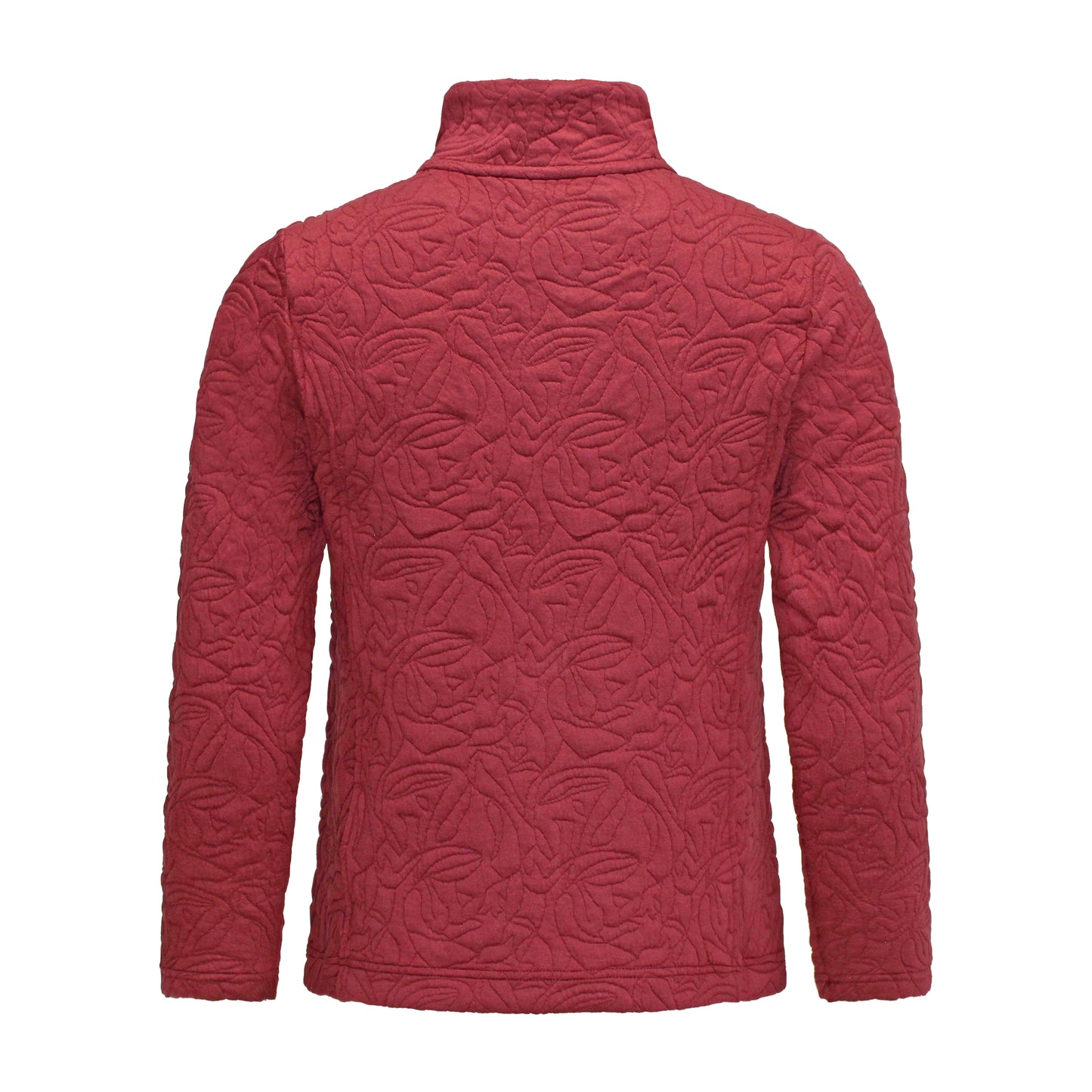 Achterzijde Signature vest Isa bordeaux rood met lange mouwen, ritszakken en hoge sluiting.