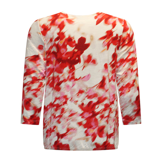Achterzijde van Signature blouson Mariska met driekwart mouwen, elastische band en soepel vallende rood stof.
