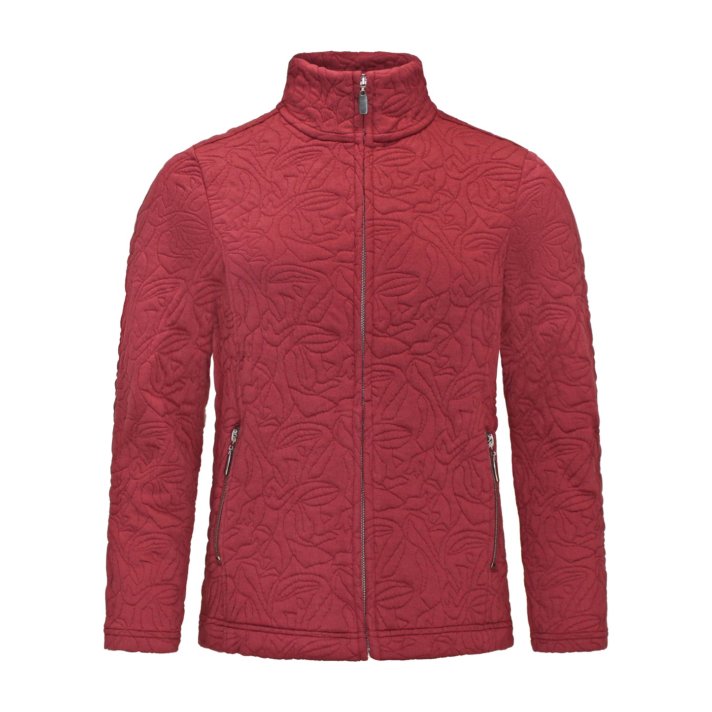 Voorzijde Signature vest Isa bordeaux rood met lange mouwen, ritszakken en hoge sluiting.