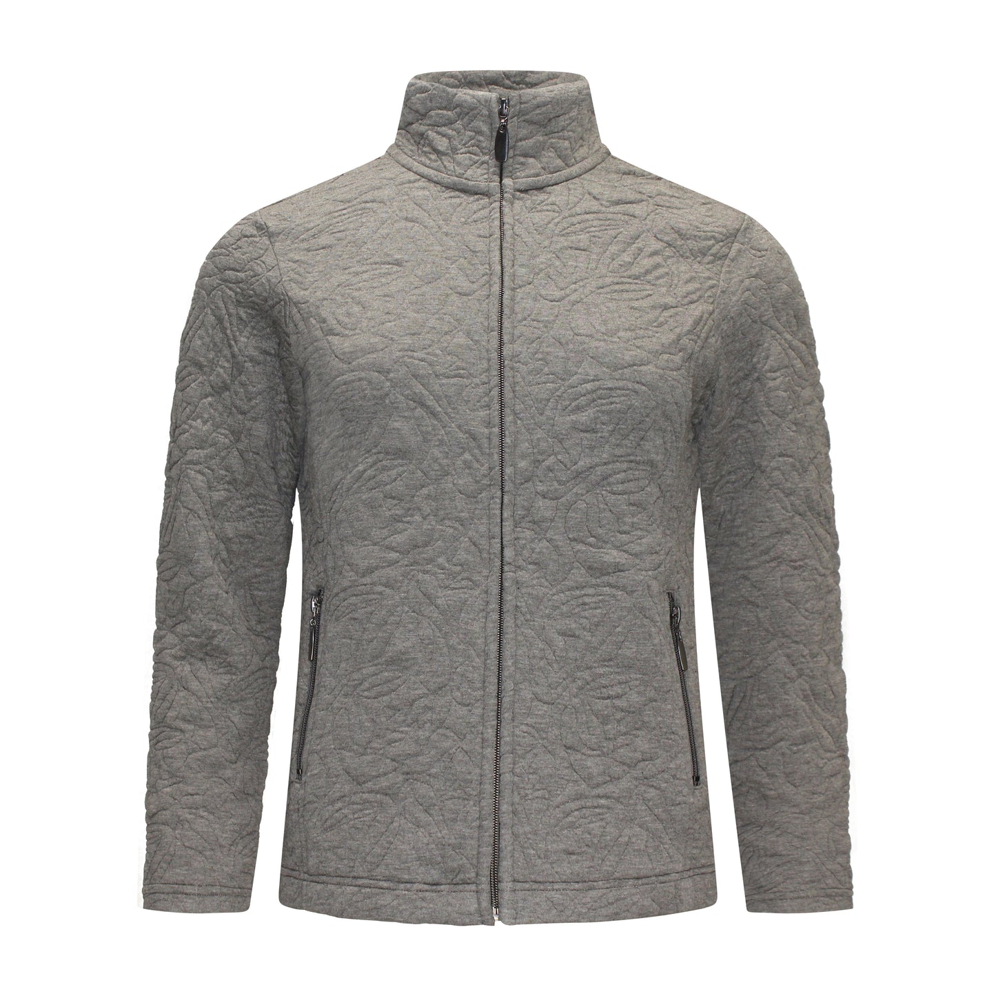 Voorzijde Signature vest Isa grijs met lange mouwen, ritszakken en hoge sluiting.