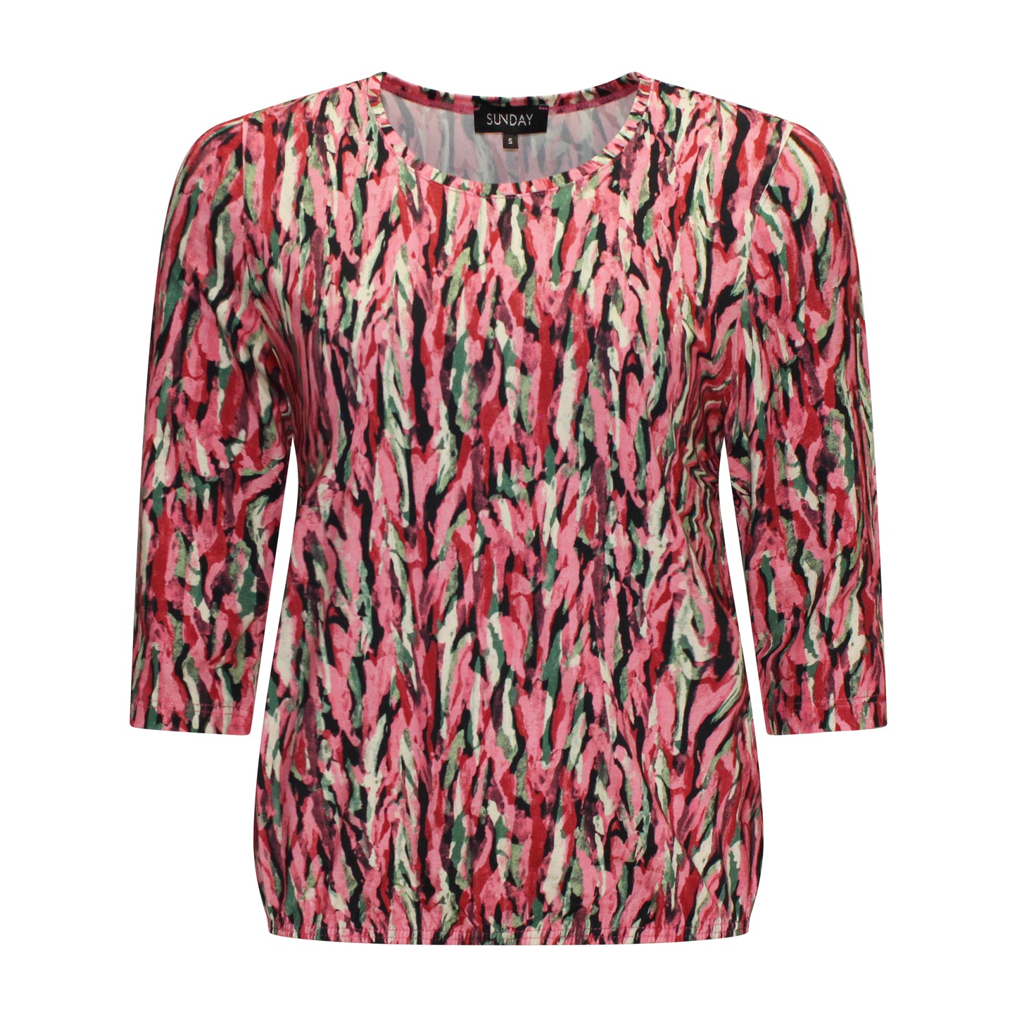 Voorzijde van Sunday Blouson Maris met driekwart mouwen en ronde hals in het roze.
