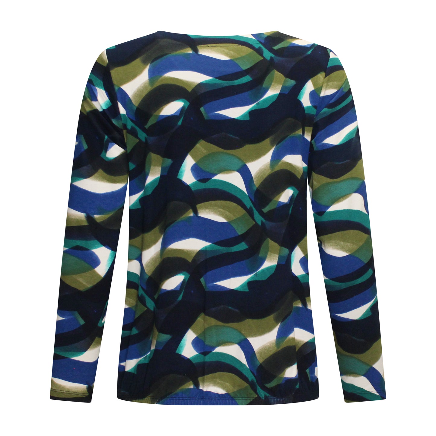 Achterzijde van Sunday Blouson Selina met ronde hals, lange mouwen en blauw-groen patroon.