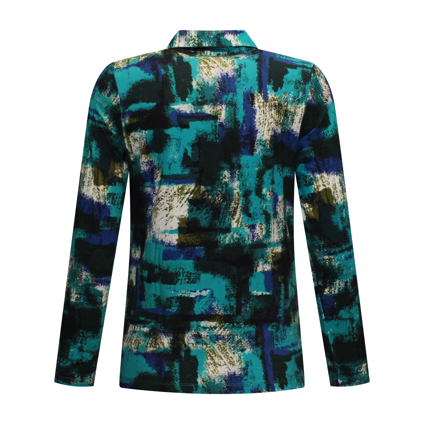 Achterzijde van Sunday Poloshirt Caren met rechte pasvorm en lange mouwen in turquoise kleur.