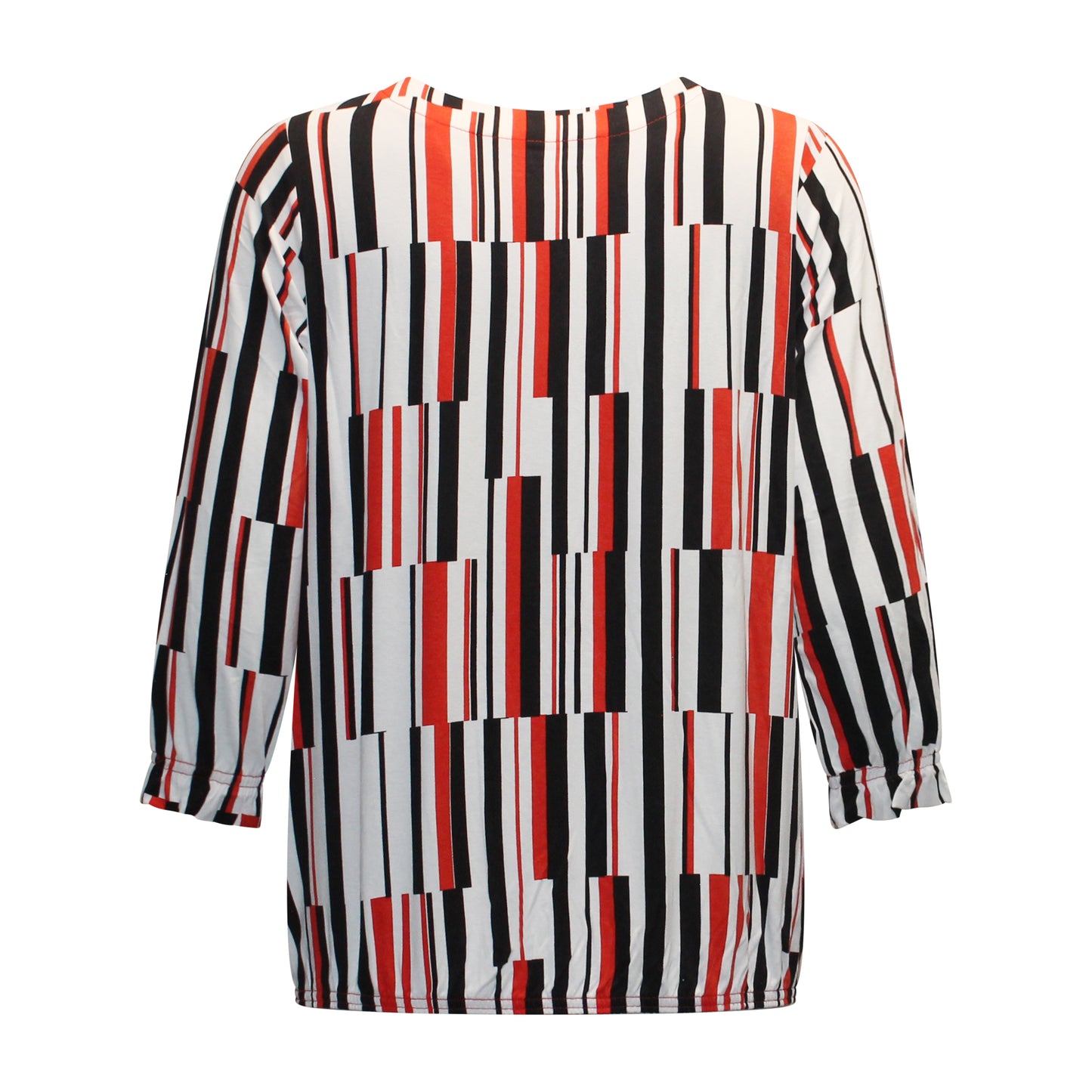 Achterzijde van Sunday T-shirt Judith met korte mouwen en grafische strepenprint in rood, zwart en beige.