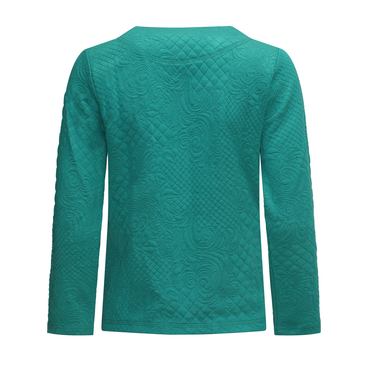 Achterzijde van Sunday Vest Esmee in groen met print, ritssluiting, ronde hals en lange mouwen.