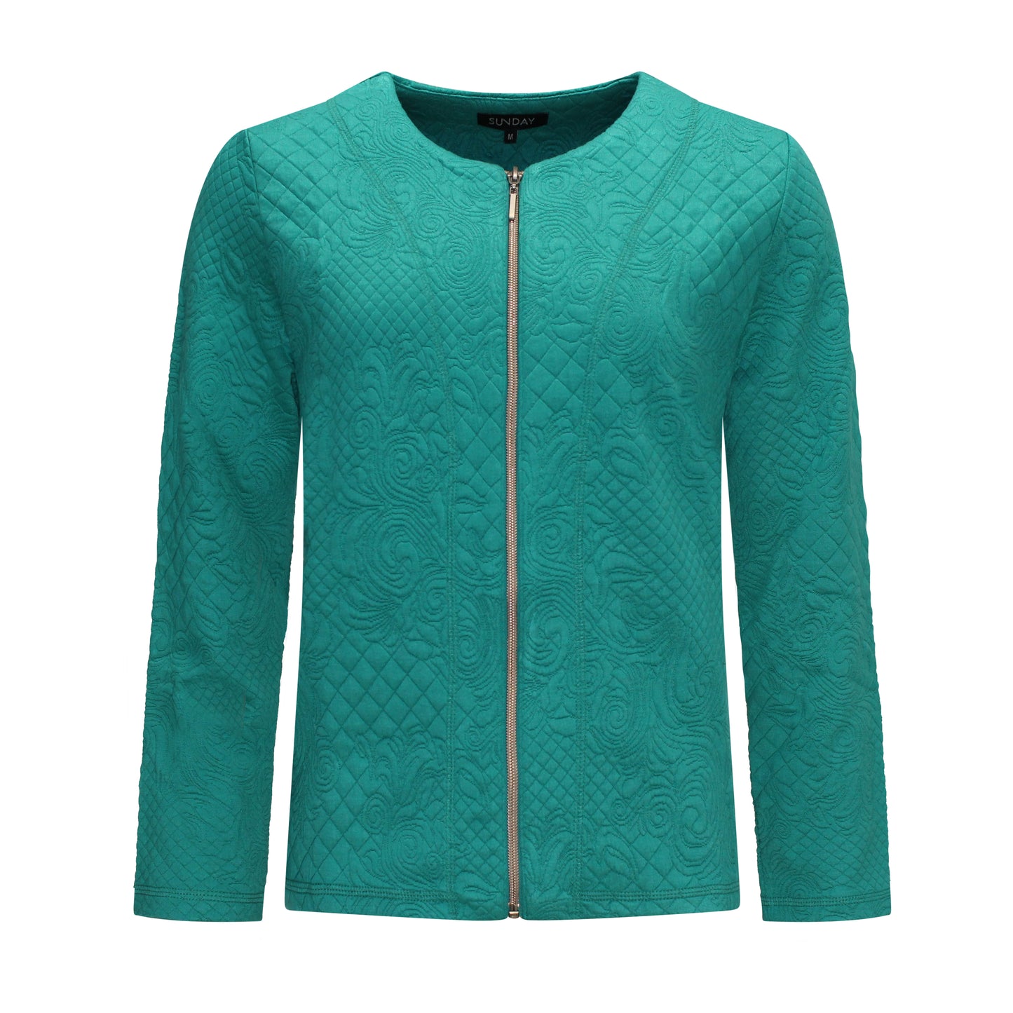 Voorzijde van Sunday Vest Esmee in groen met print, ritssluiting, ronde hals, lange mouwen en praktische zakken.