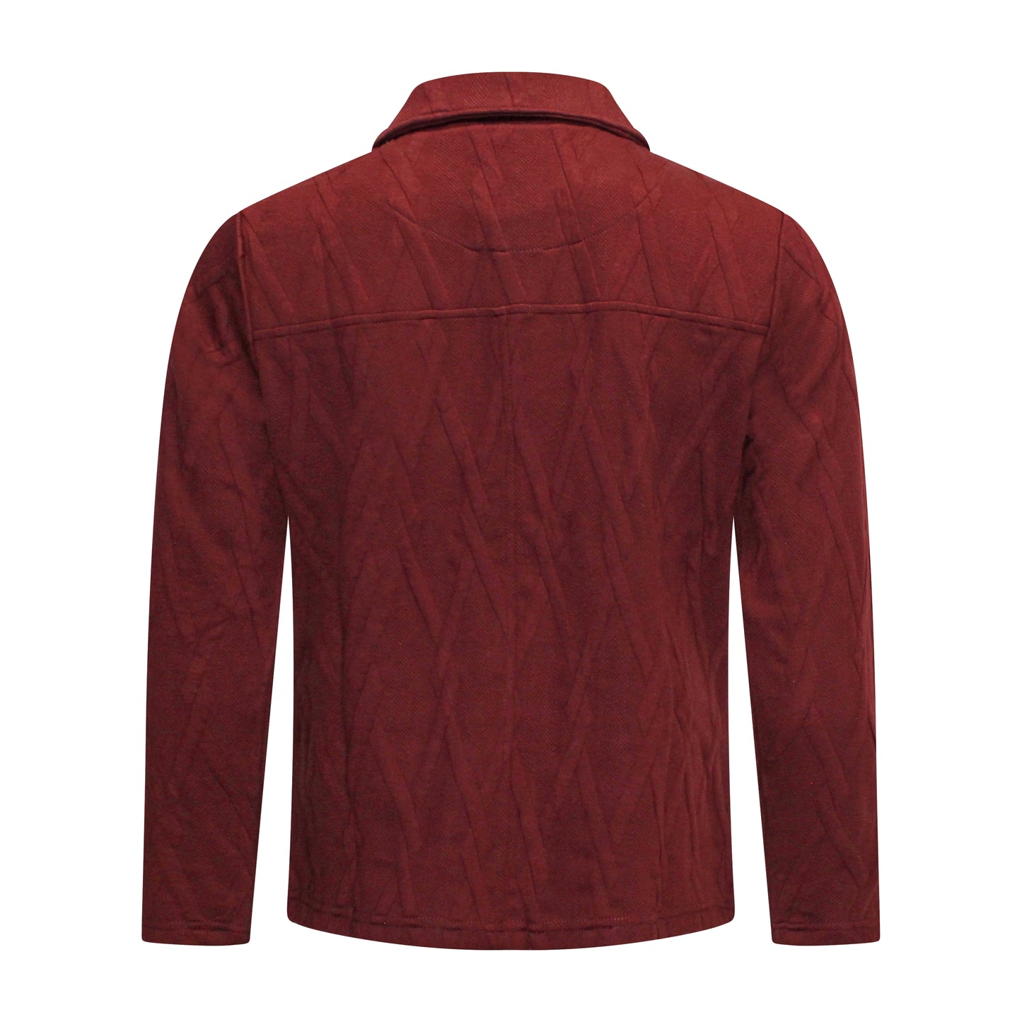 Achterzijde van Sunday Vest Ilse in bordeaux rood met lange mouwen, kraagje en subtiel patroon.