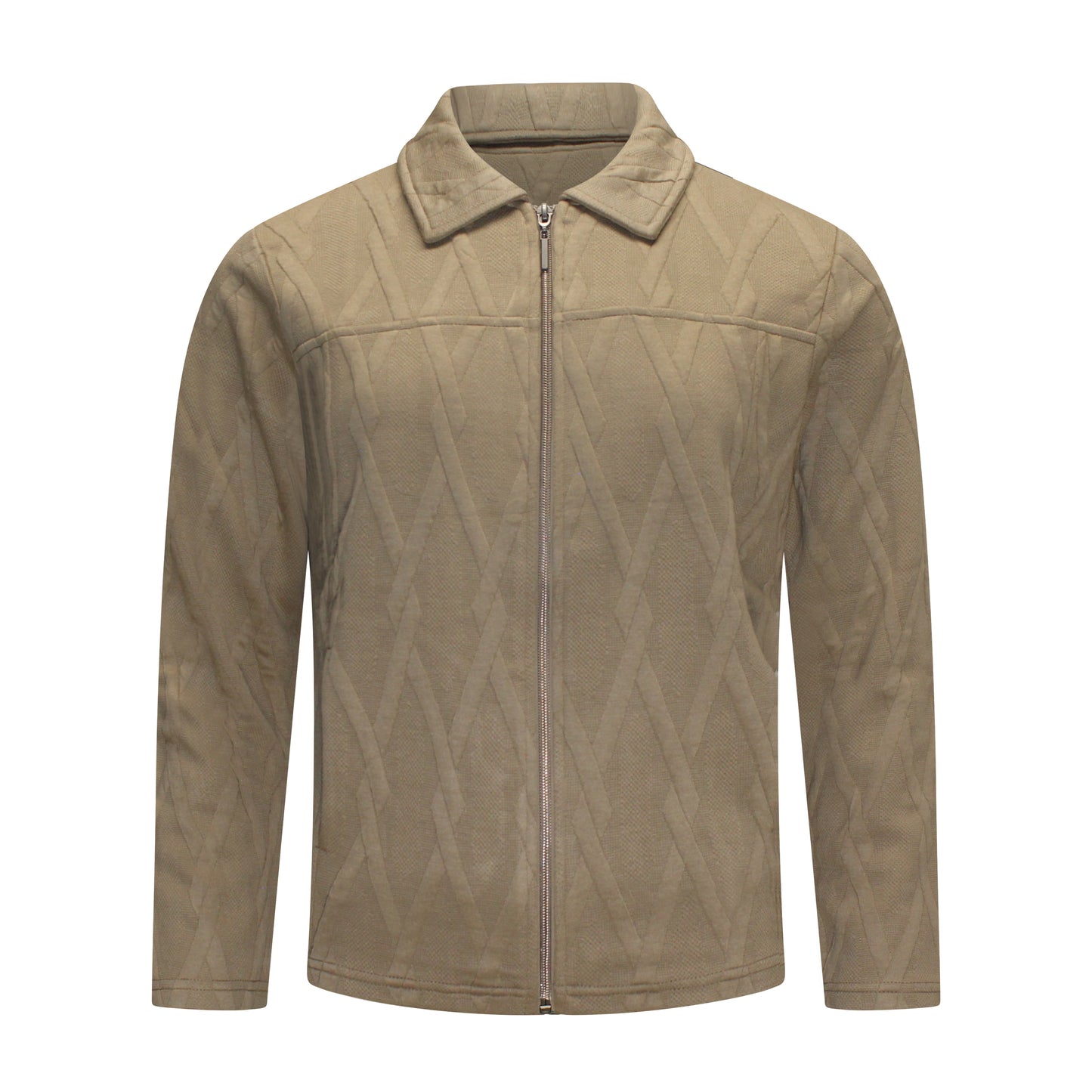 Voorzijde van Sunday Vest Ilse in beige met lange mouwen, kraagje en steekzakken aan de zijkant.