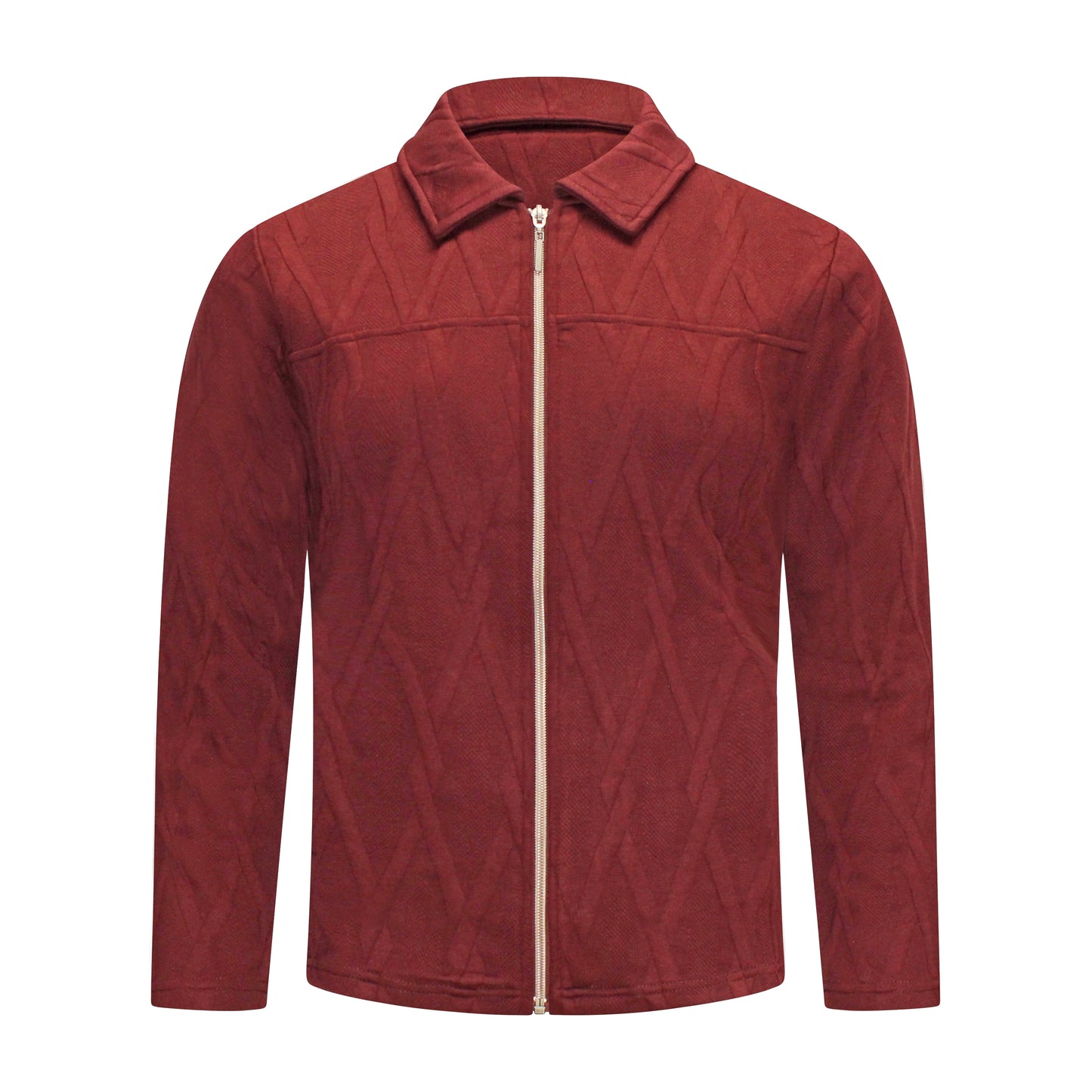 Voorzijde van Sunday Vest Ilse in bordeaux rood met lange mouwen, kraagje en steekzakken aan de zijkant.