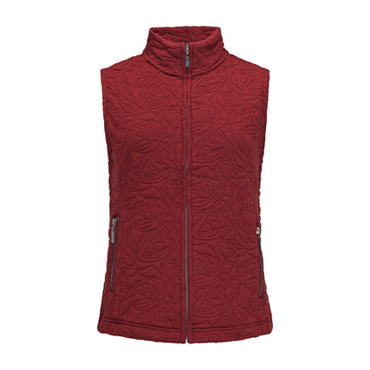 Voorzijde van Bodywarmer Isa in bordeauxrood, met rits en praktische steekzakken, warm en stijlvol voor koude dagen.