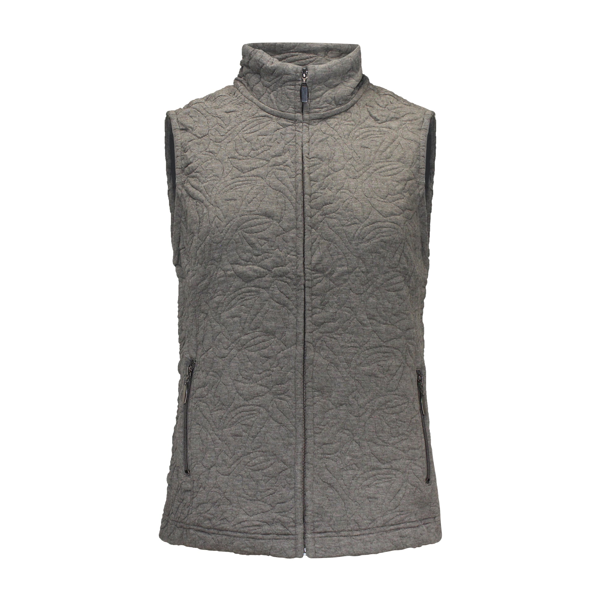 Voorzijde van Bodywarmer Isa in grijs, met rits en zachte steekzakken, perfect voor een casual najaarsoutfit.