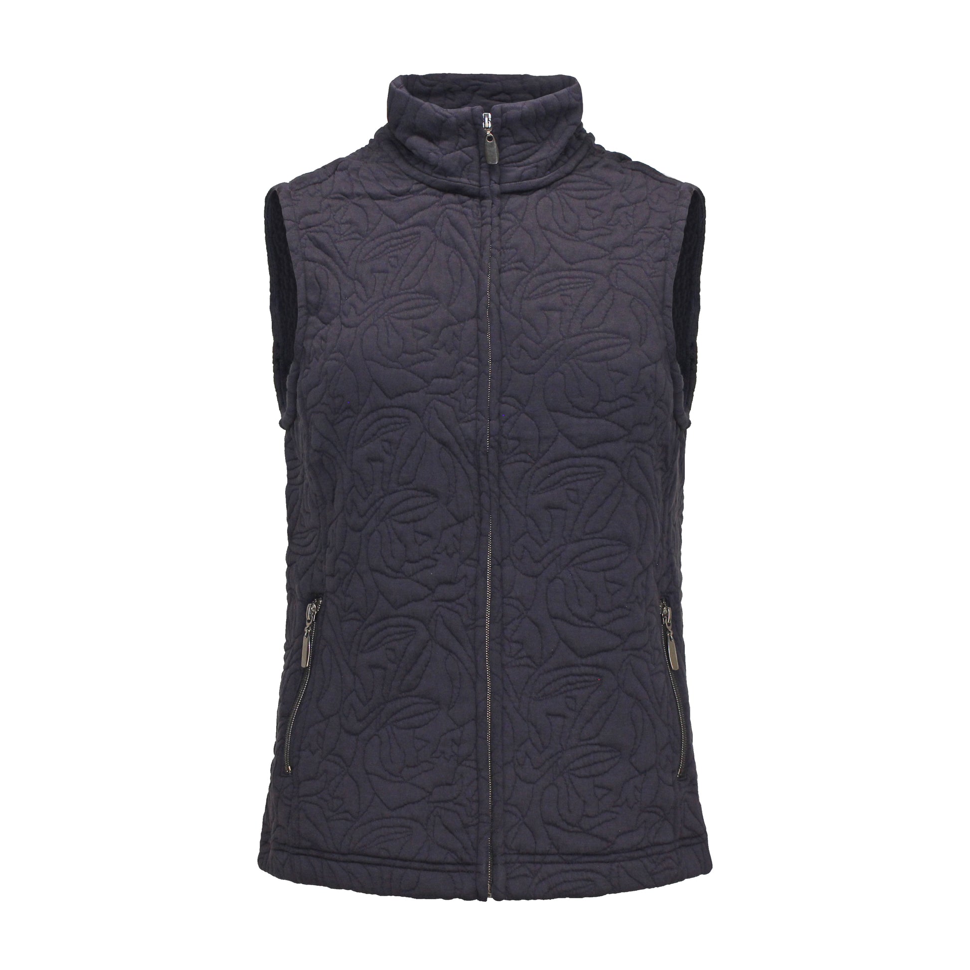 Voorzijde van Bodywarmer Isa in marineblauw, met rits en steekzakken, ideaal voor een stijlvolle en warme look in het najaar.