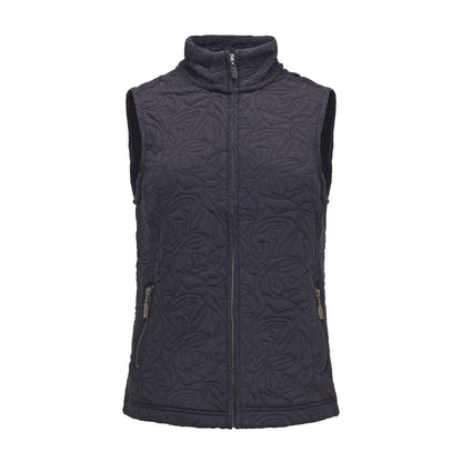 Voorzijde van Bodywarmer Isa in marineblauw, met rits en steekzakken, ideaal voor een stijlvolle en warme look in het najaar.