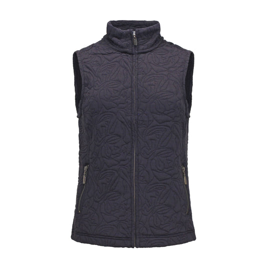 Voorzijde van Bodywarmer Isa in marineblauw, met rits en steekzakken, ideaal voor een stijlvolle en warme look in het najaar.