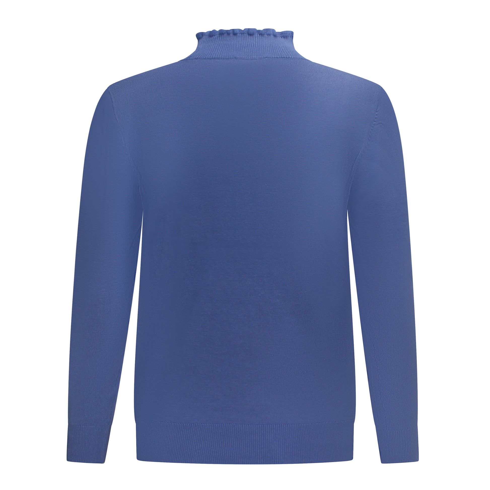Achterzijde van Bon Tricot Turtle Malou in het blauw met turtle nek.