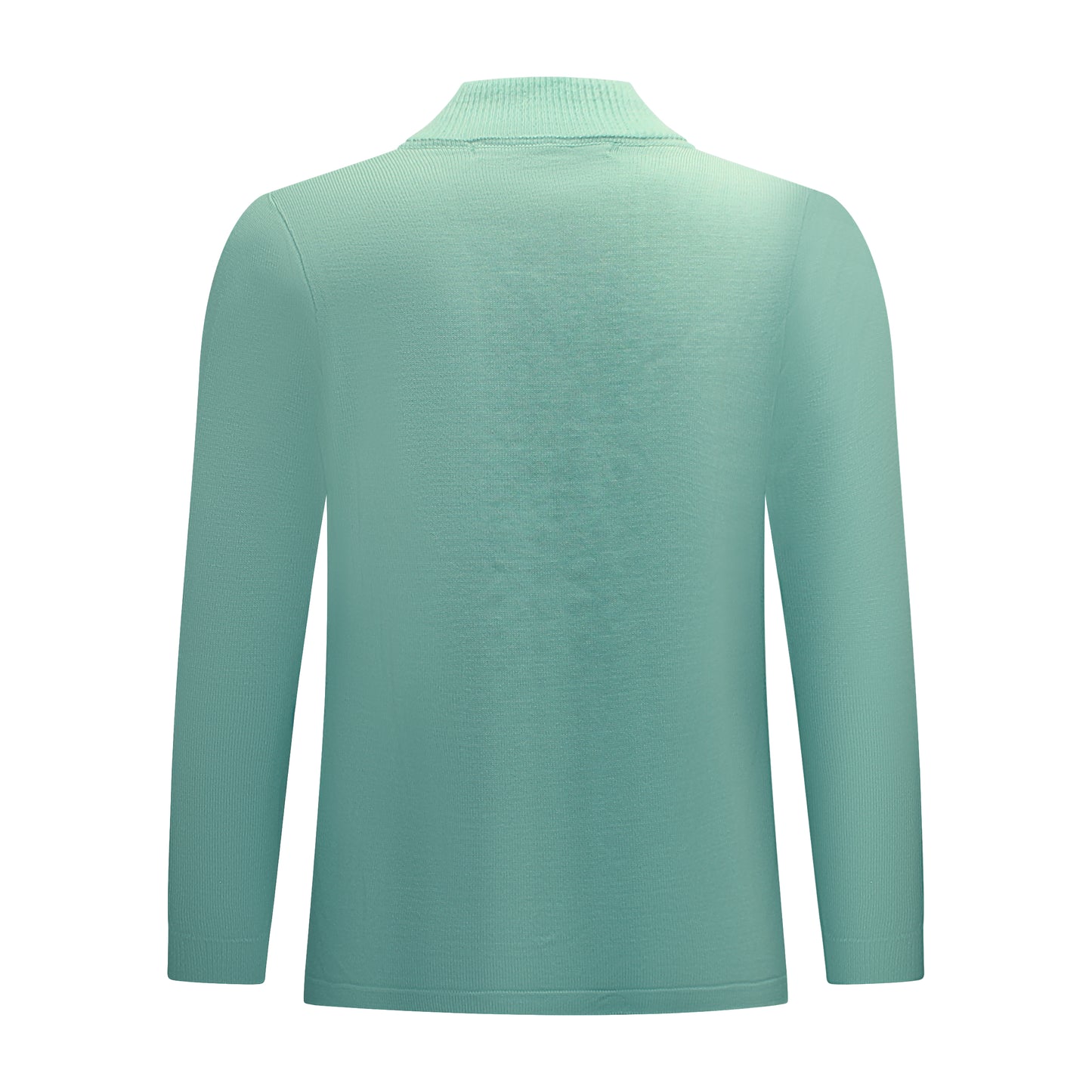 Achterzijde van Bon Tricot vest Tineke met ajour- en structuurpatroon in groen.