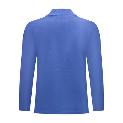 Achterzijde van Bon Tricot vest Tineke met ajour- en structuurpatroon in kobalt blauw.