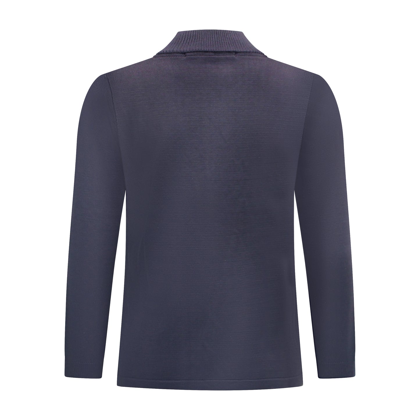 Achterzijde van Bon Tricot vest Tineke met ajour- en structuurpatroon in marineblauw.