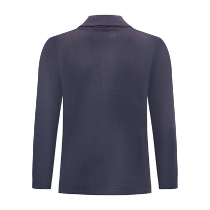 Achterzijde van Bon Tricot vest Tineke met ajour- en structuurpatroon in marineblauw.