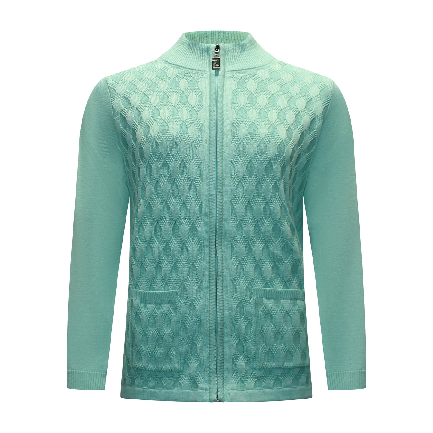 Voorzijde van Bon Tricot vest Tineke met opstaande geribbelde kraag, ritssluiting, zakken en ajour-structuurpatroon in groen.